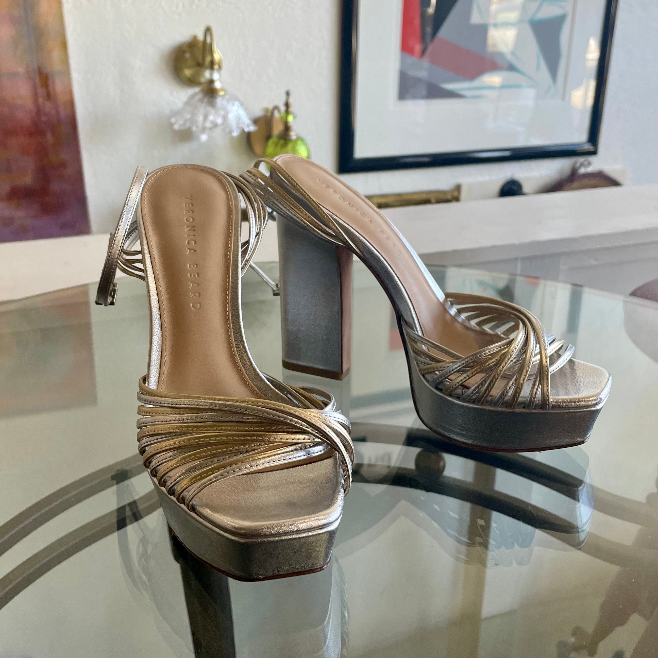 Veronica Beard Fletcher Metallic Ankle-Strap Sandal | Size 7M