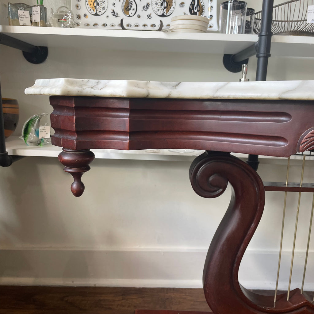 Victorian Mahogany Carved Lyre Harp Base Entryway Console Table