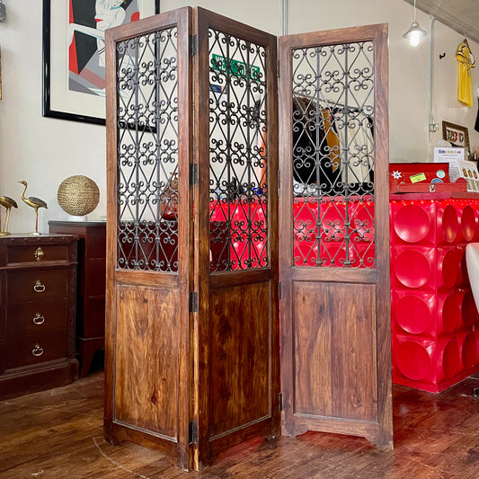 Wrought Iron and Wood 3 Panel Room Divider
