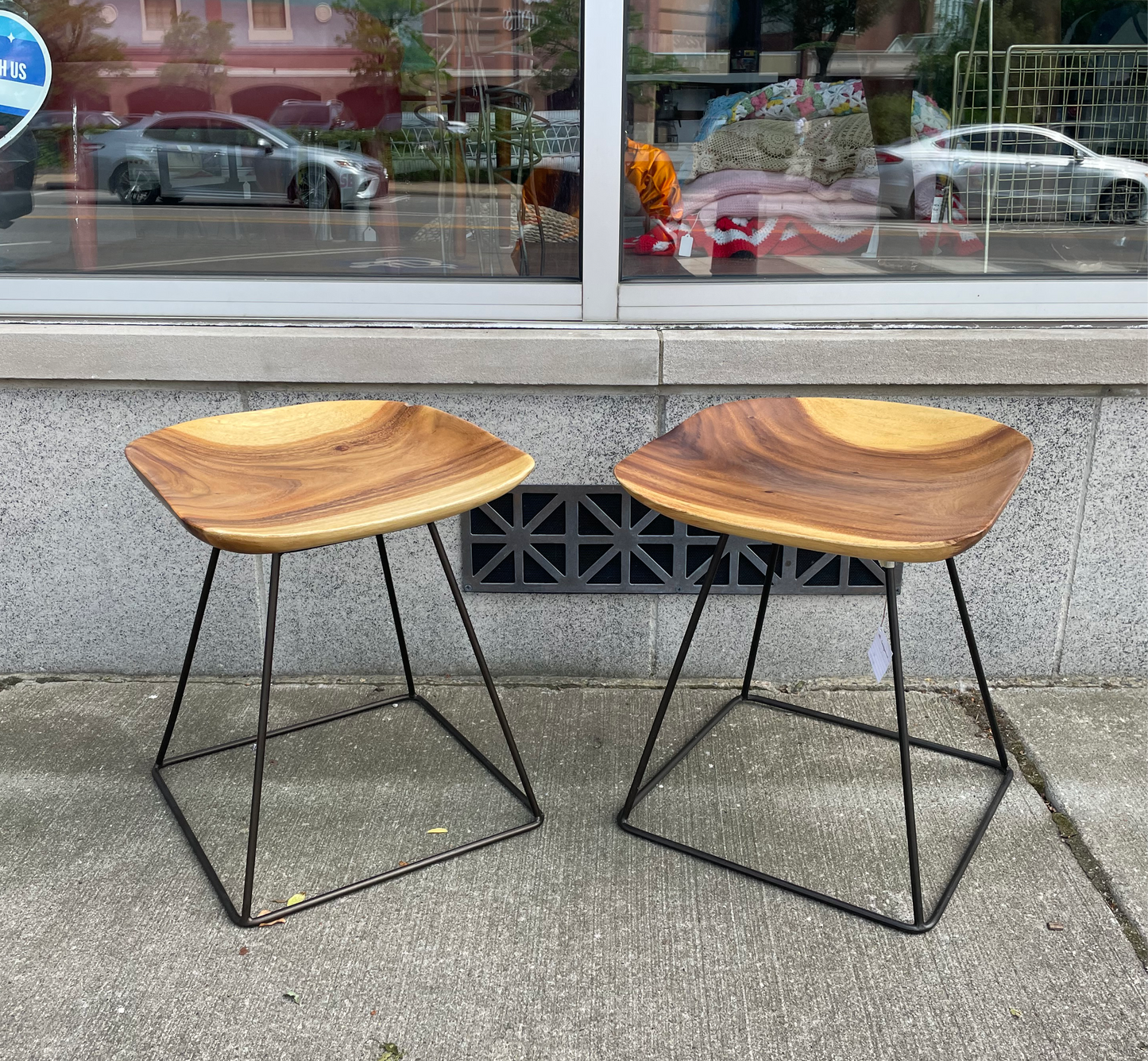 Wood Stool with Black Metal Base Set of 2