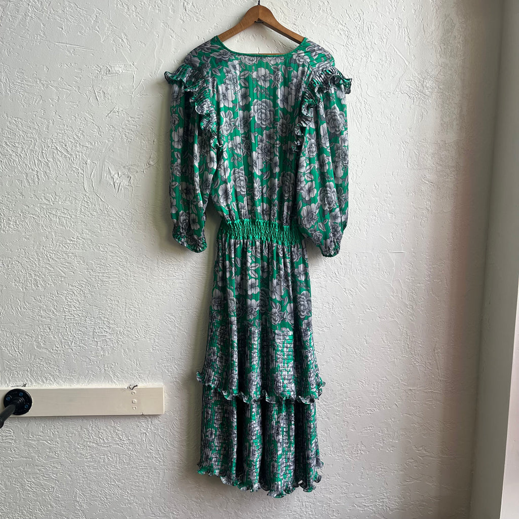 Vintage Green Floral Ruffle Dress |  Medium