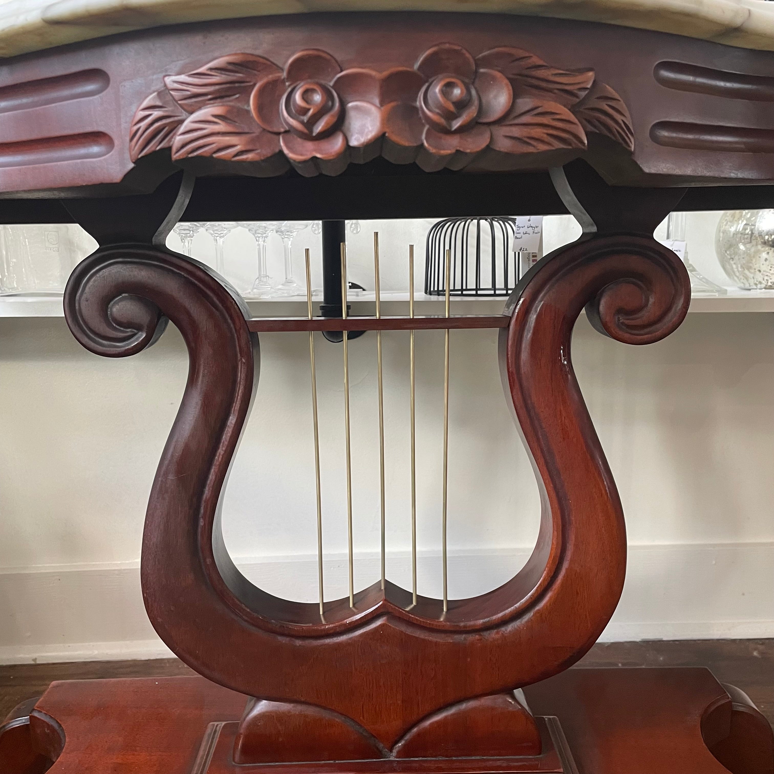 Victorian Mahogany Carved Lyre Harp Base Entryway Console Table