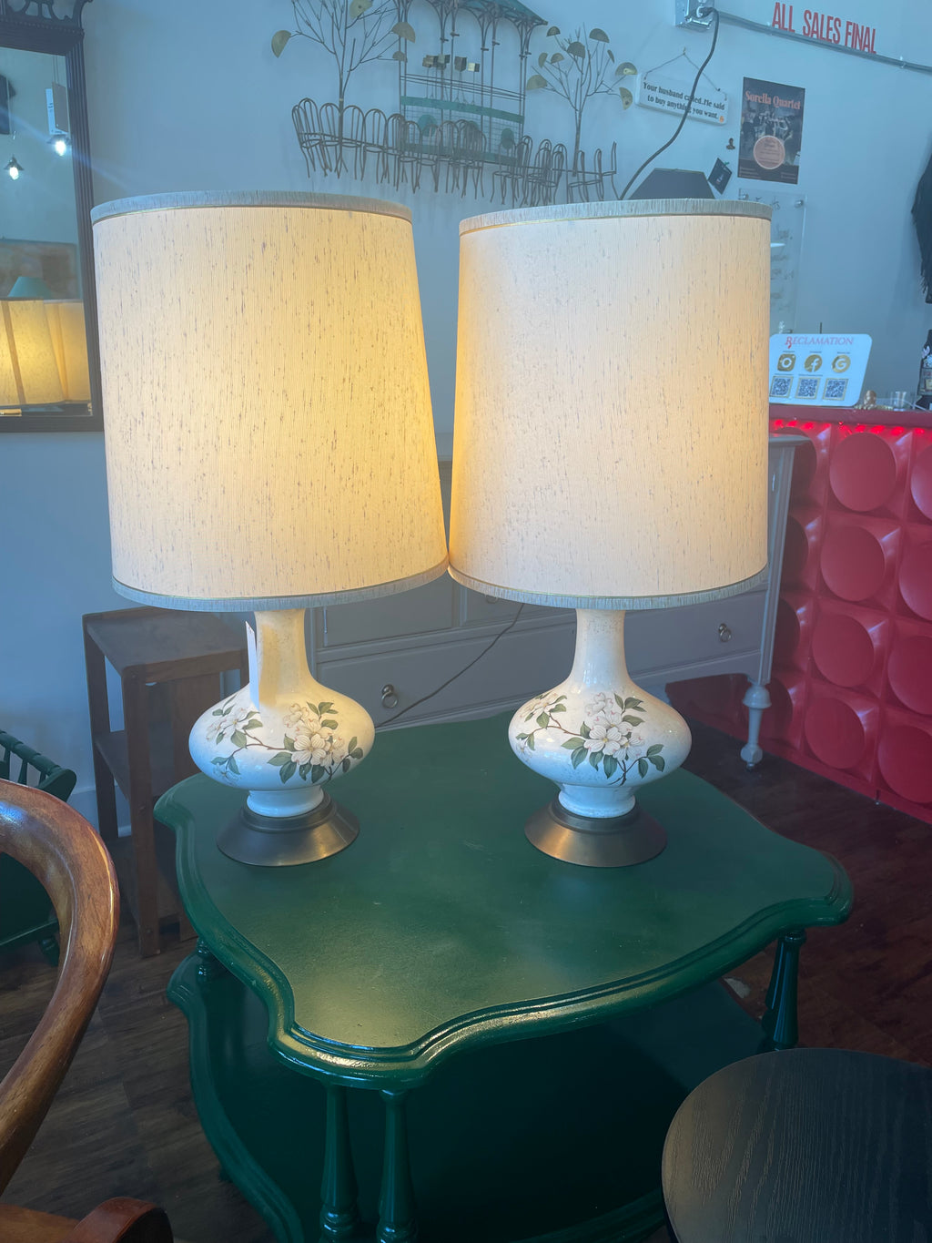 A Pair of Ceramic Gold Leaf Dogwood Flower Table Lamps