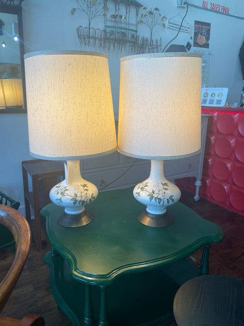 A Pair of Ceramic Gold Leaf Dogwood Flower Table Lamps