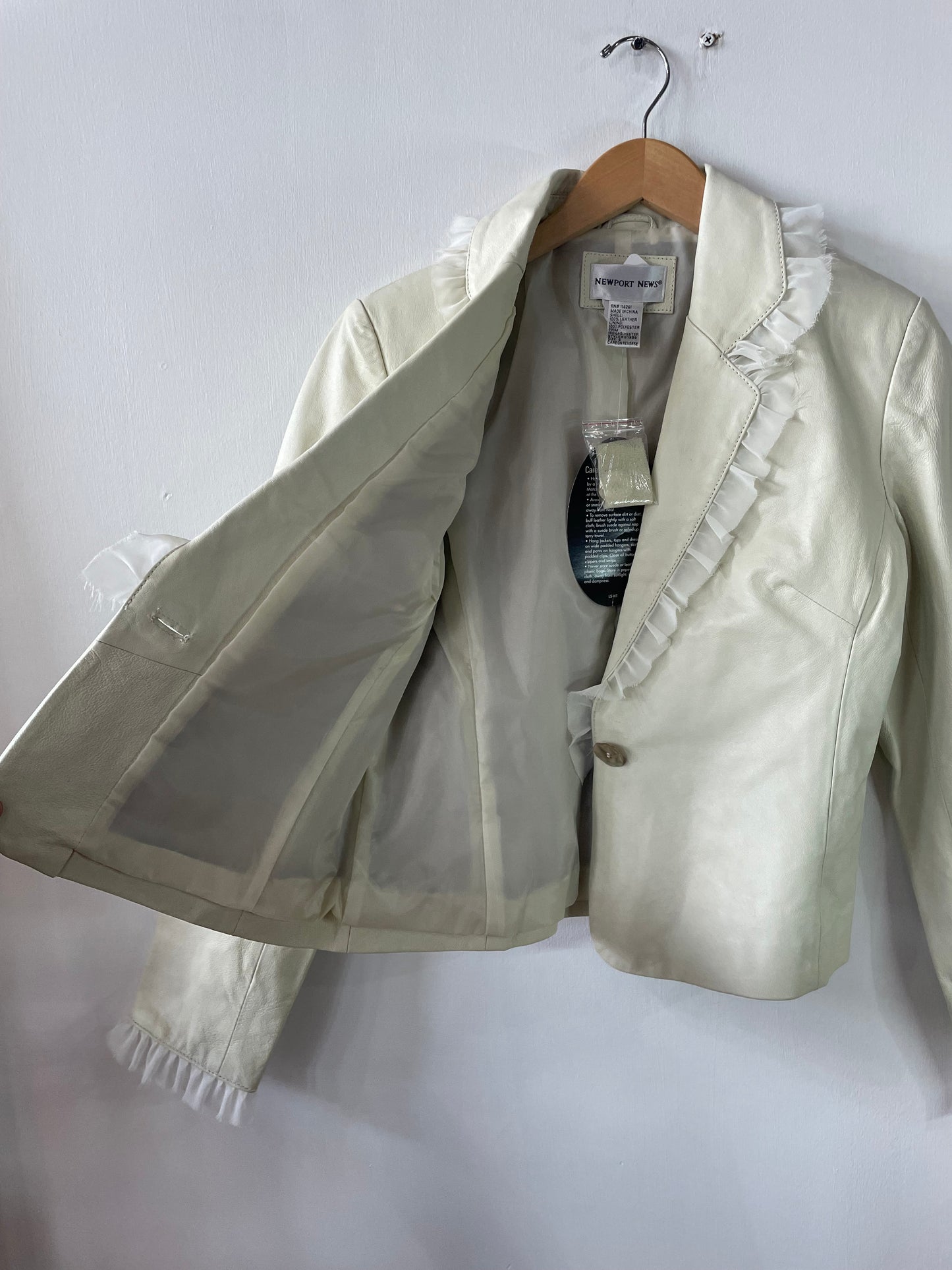 Y2K Cream Leather Jacket with Ruffle Trim