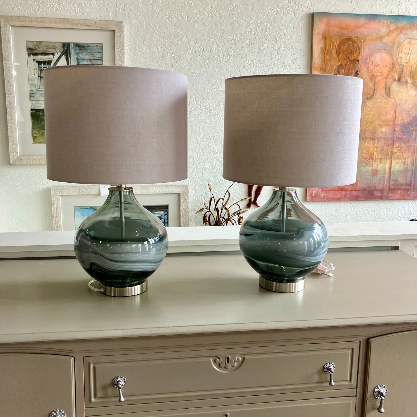 Grey & White Swirl Glass Table Lamp Set