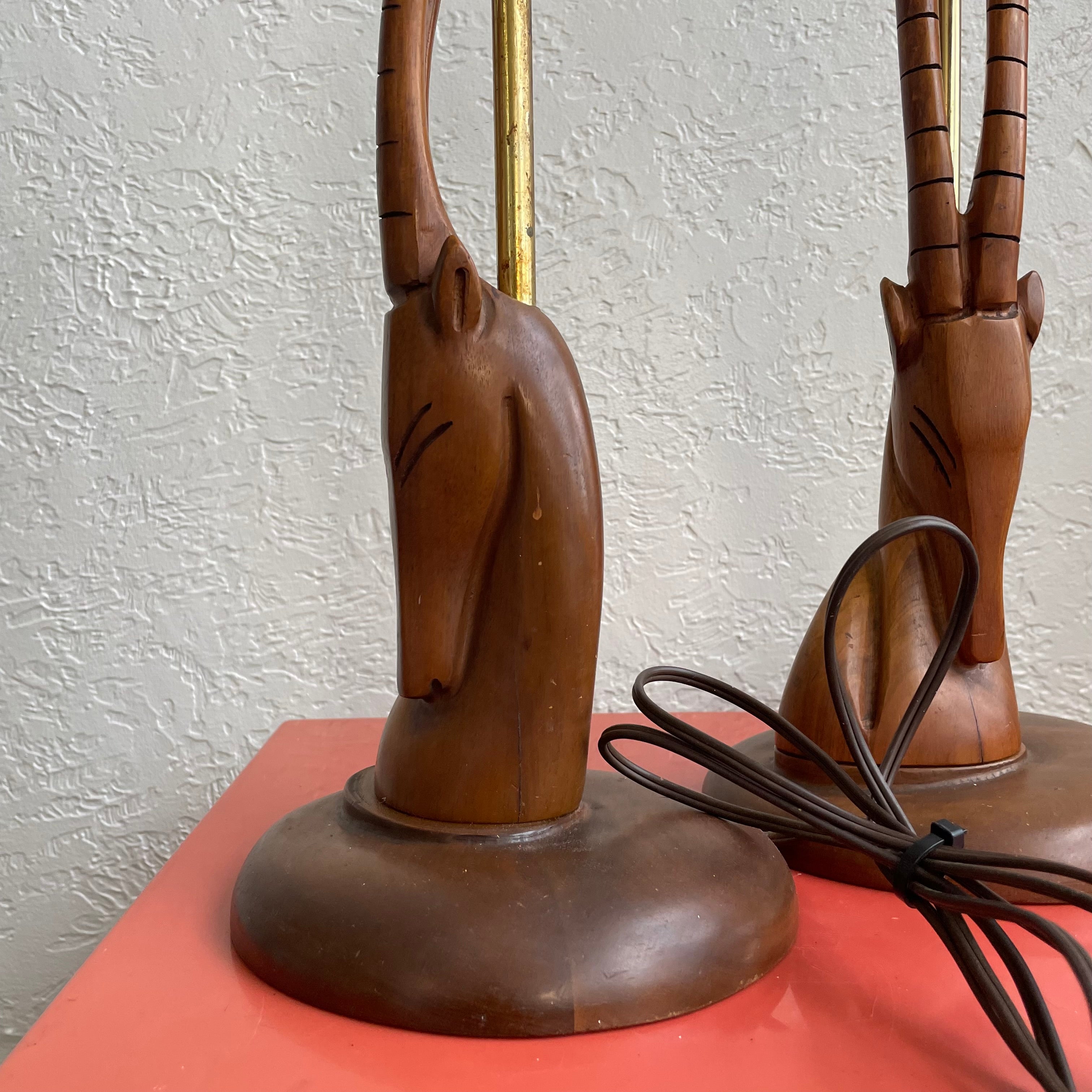 Sculpted Teak Wood Mid-Century Modern Antelope Table Lamps - Set of 2