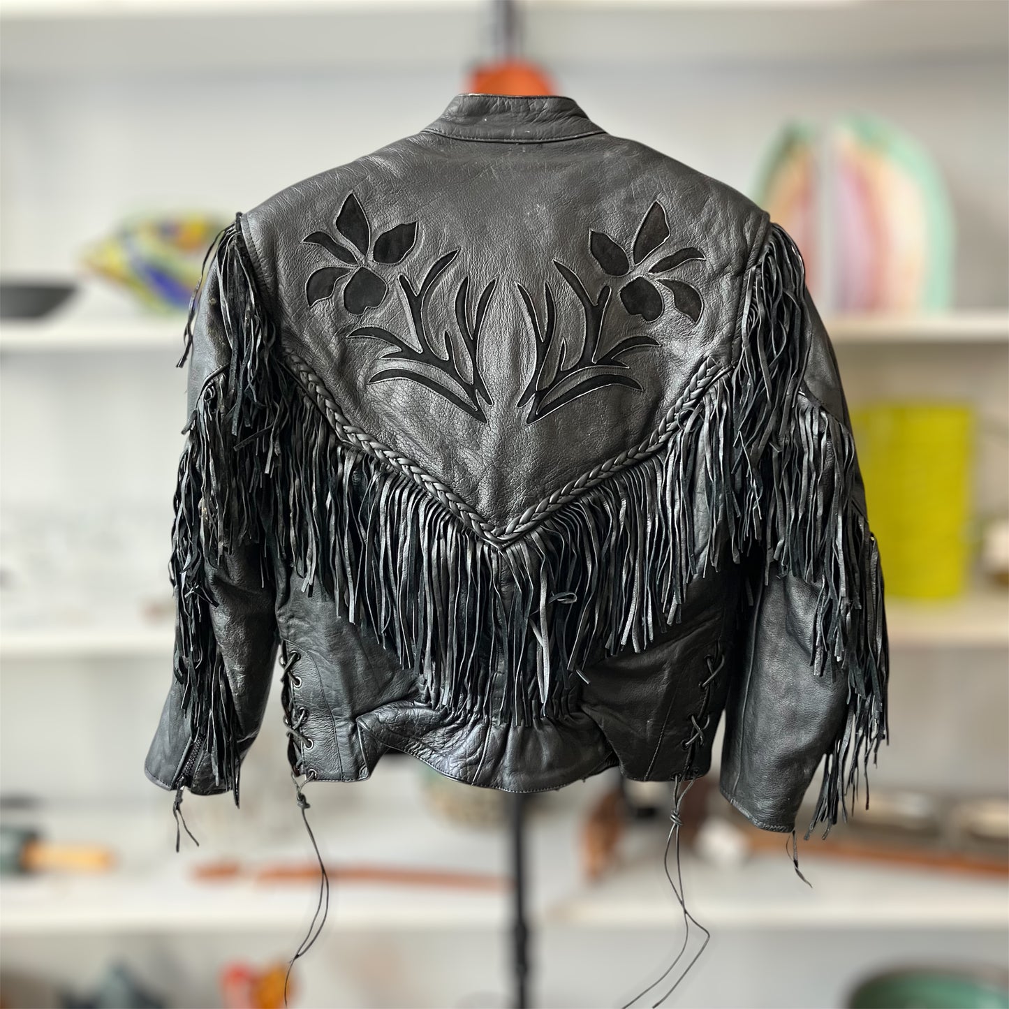 Vintage 80’s Fringe Leather Black Jacket Small