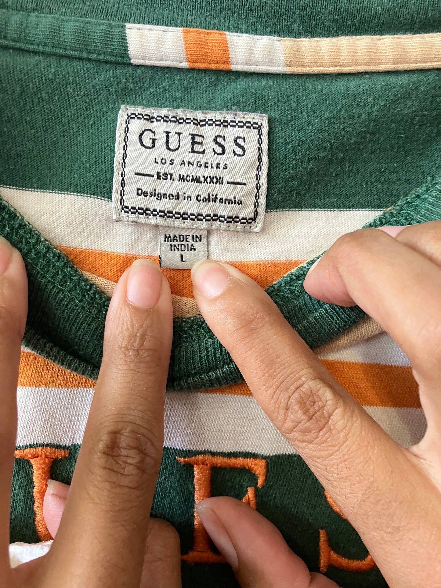 Vintage Guess Logo Striped Green Orange T-shirt Tee Mens Large