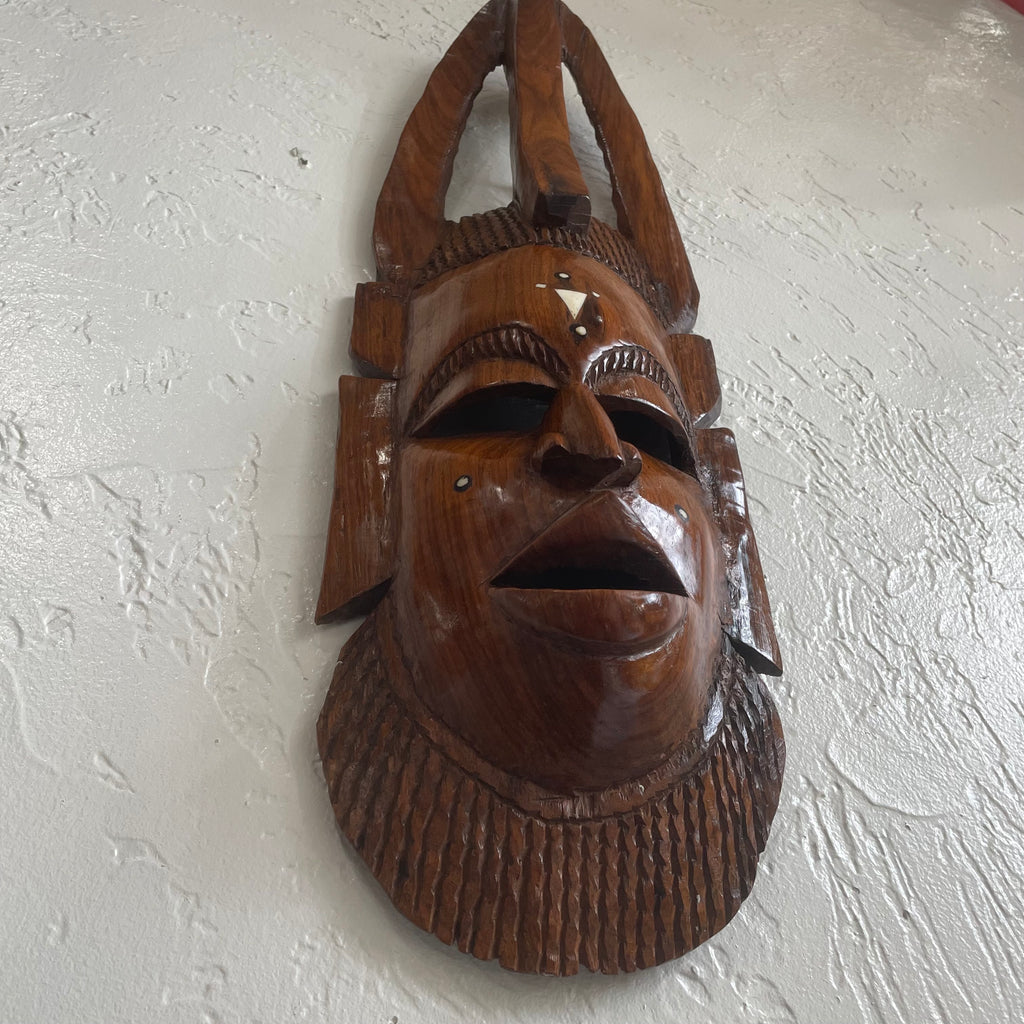 Hand Carved African Tribal Mask with Ivory Inlay Wall Hanging