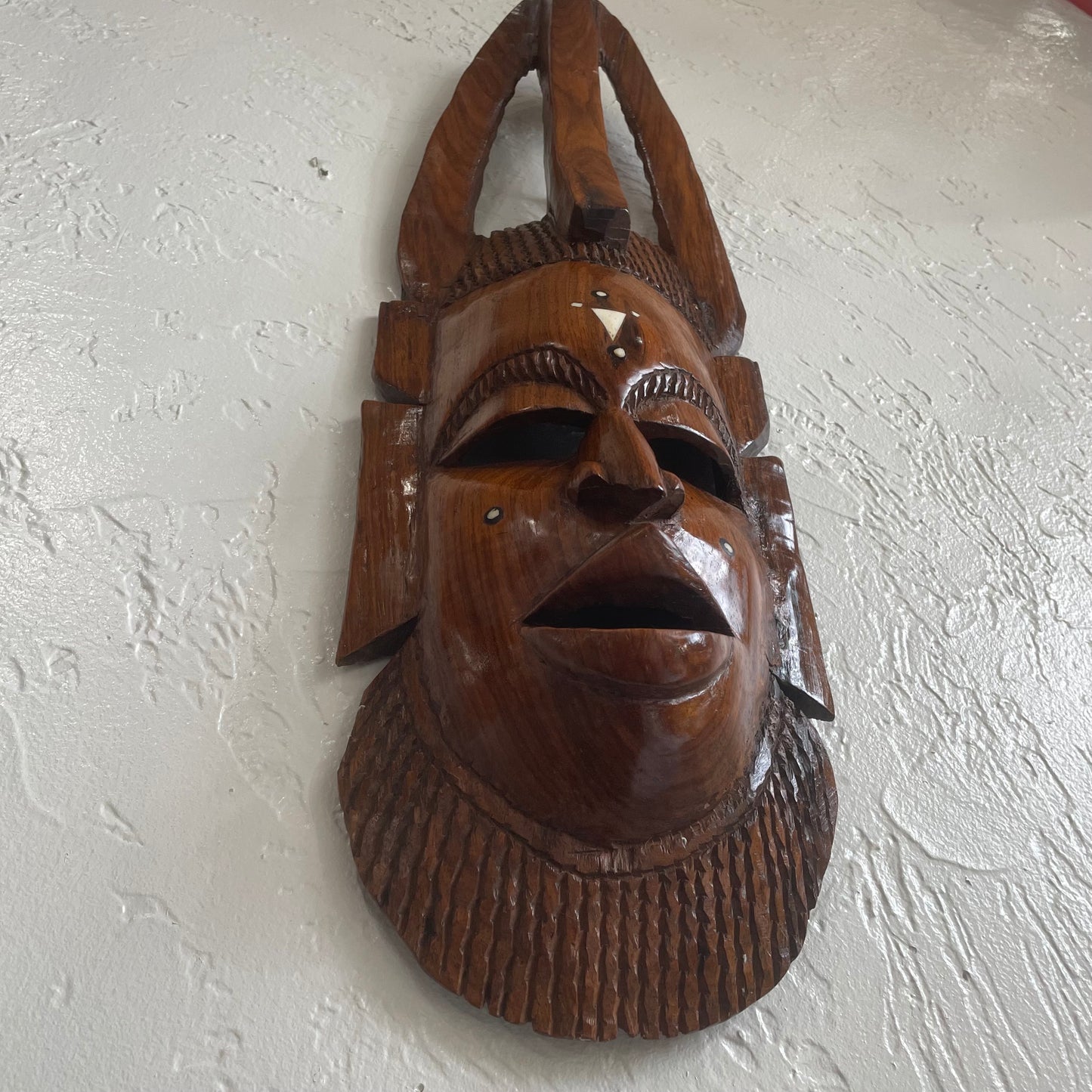 Hand Carved African Tribal Mask with Ivory Inlay Wall Hanging