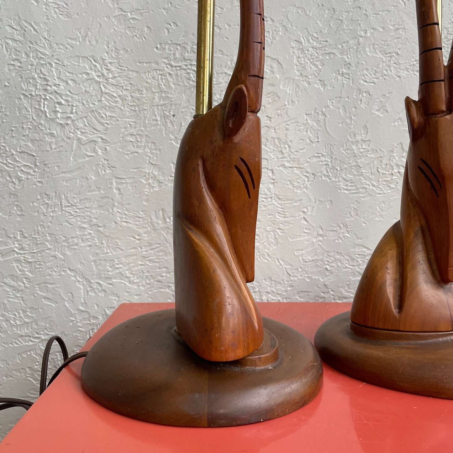 Sculpted Teak Wood Mid-Century Modern Antelope Table Lamps - Set of 2