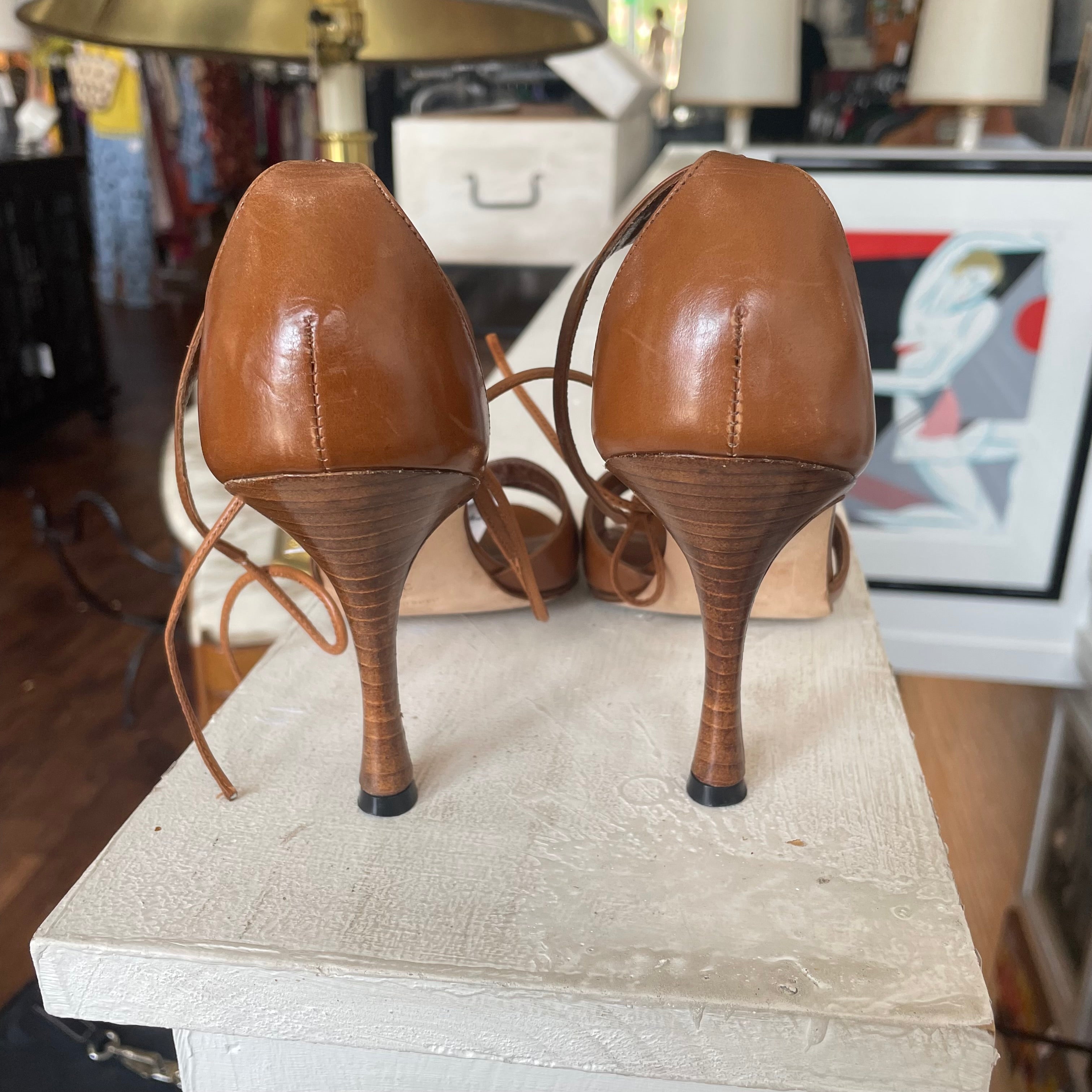 Manolo Blahnik Brown Leather Ankle Strap Sandals | Size US 7.5/EU38