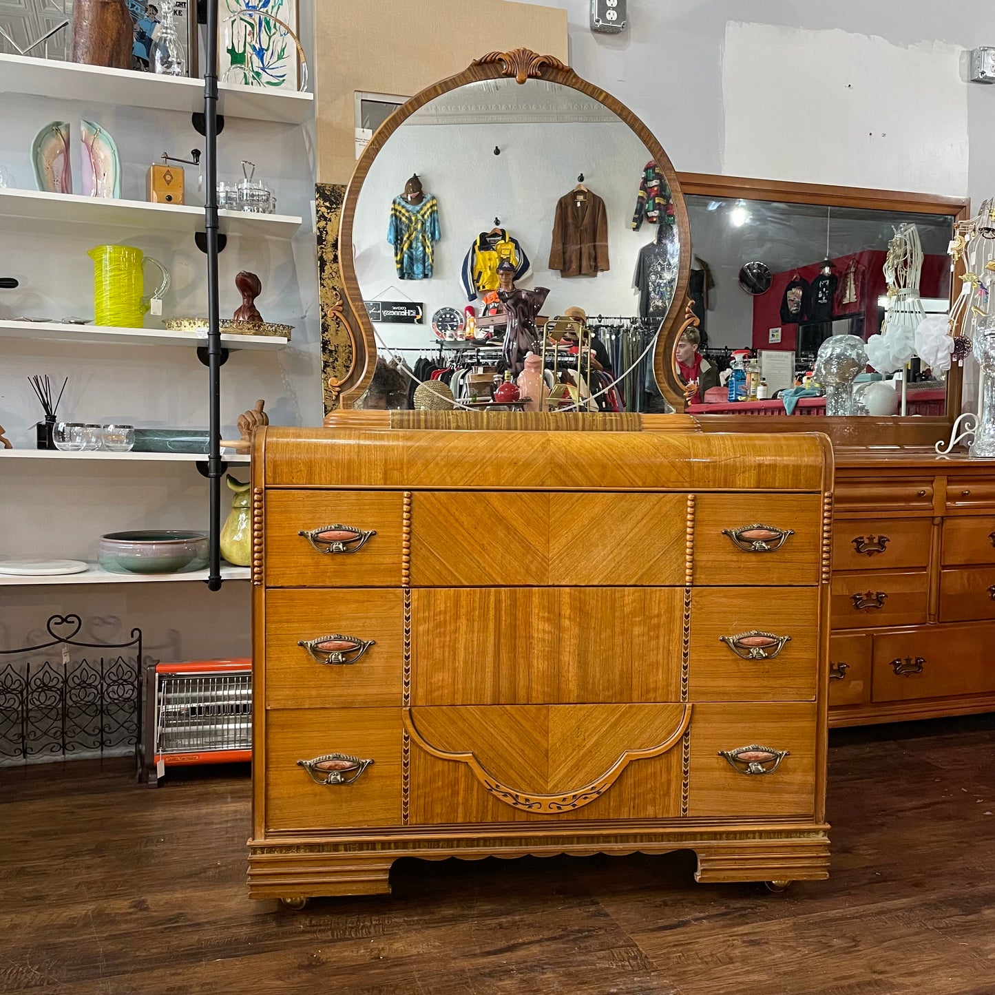 Antique Waterfall Dresser w/ Carved Mirror and Bakelite Handles 1930s