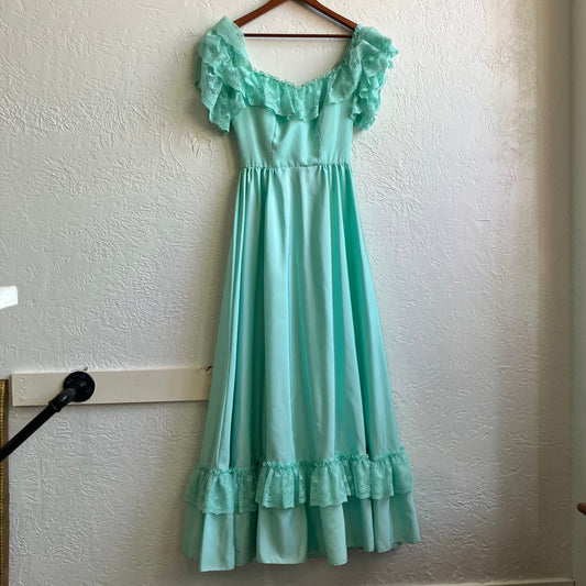 90’s Teal Ruffle Maxi Dress | Large