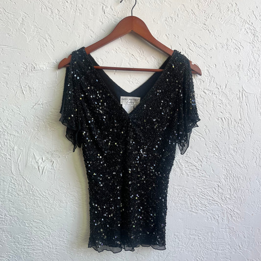 Black Sequenced Sleeveless Shirt | Medium