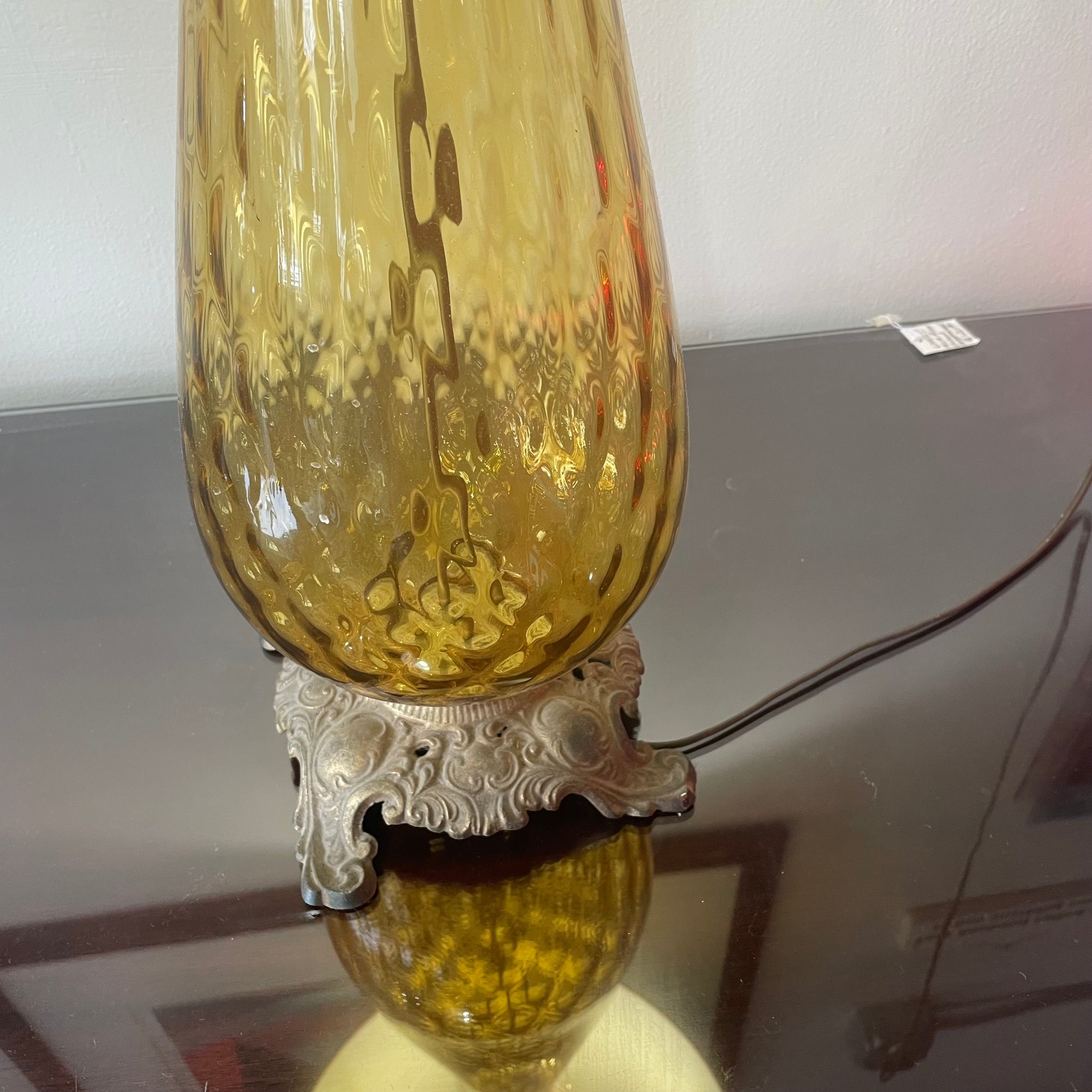 Amber Etched Mid-Century Glass Lamp