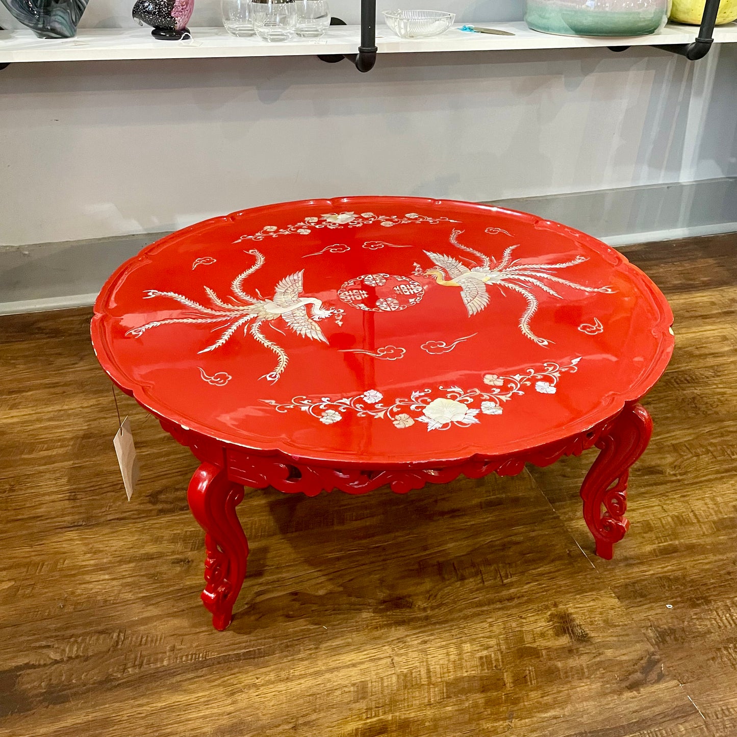 Vintage Red Lacquered Mother of Pearl Inlay Tea Table