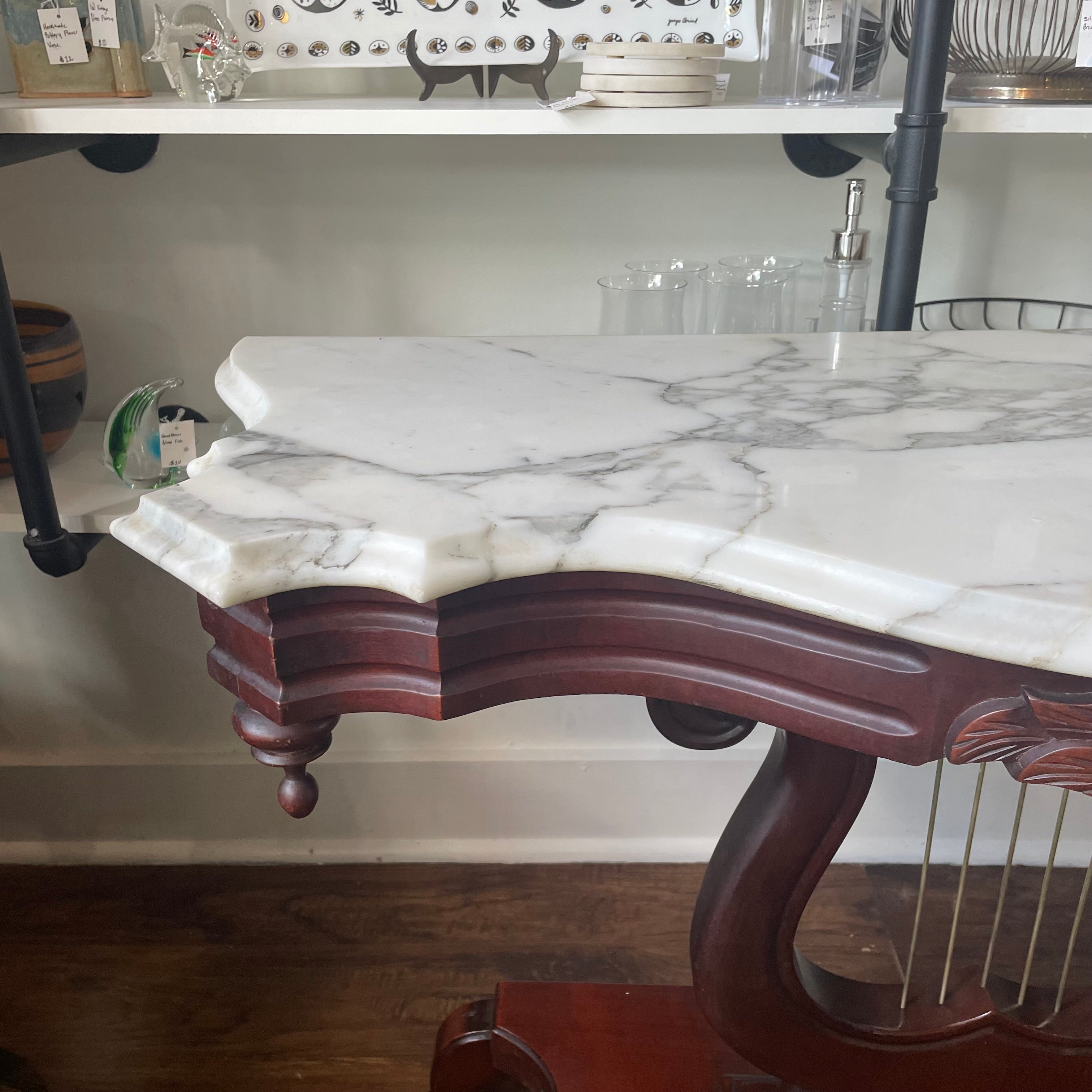 Victorian Mahogany Carved Lyre Harp Base Entryway Console Table