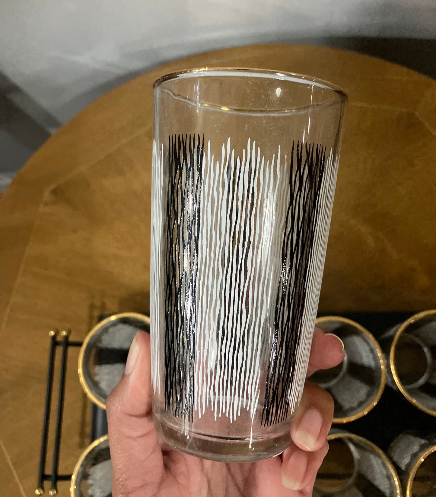 Set of 8 Vintage Black & White Tumbler Glasses in Black Metal Caddy with Gold Accents