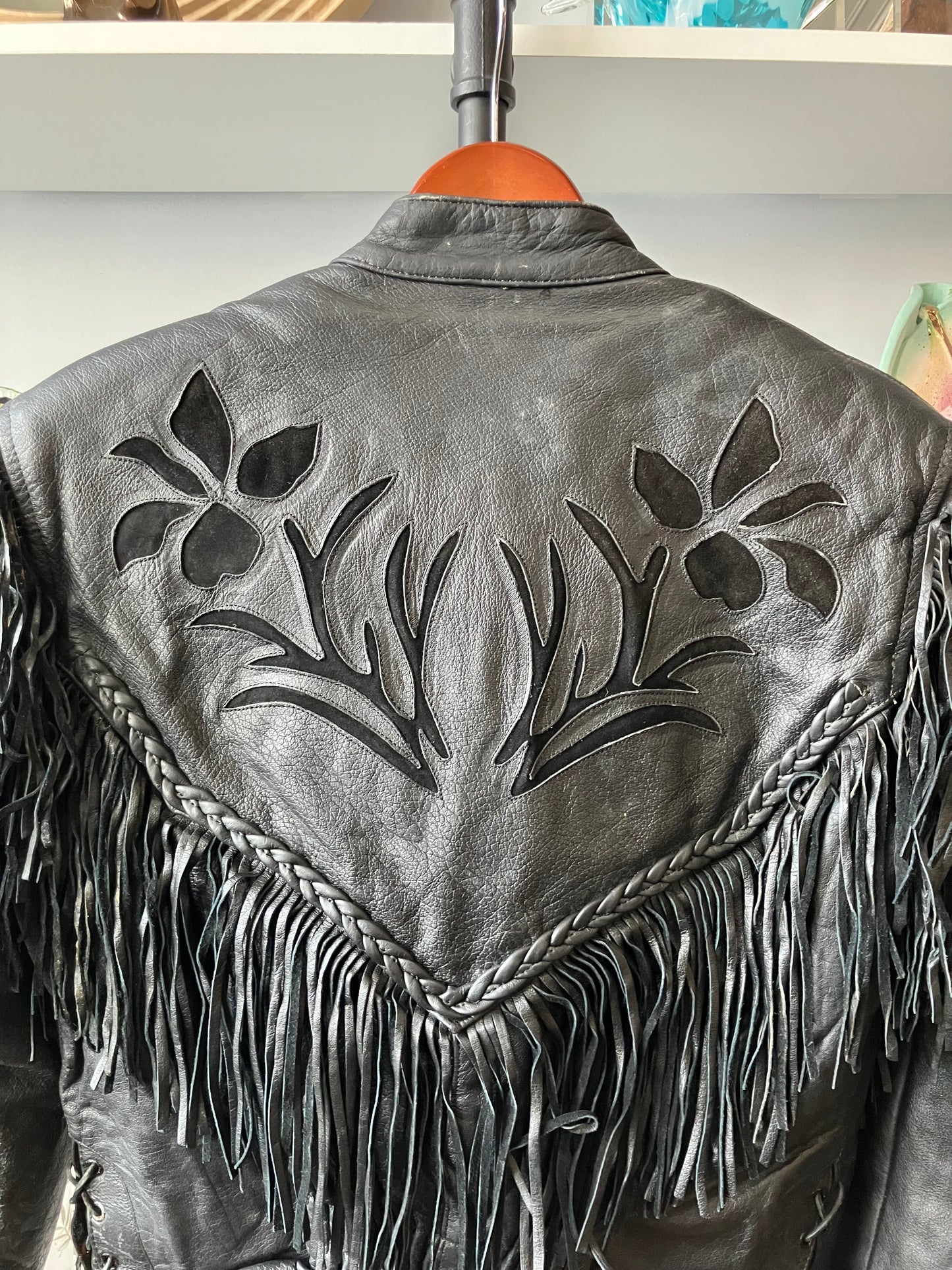 Vintage 80’s Fringe Leather Black Jacket Small