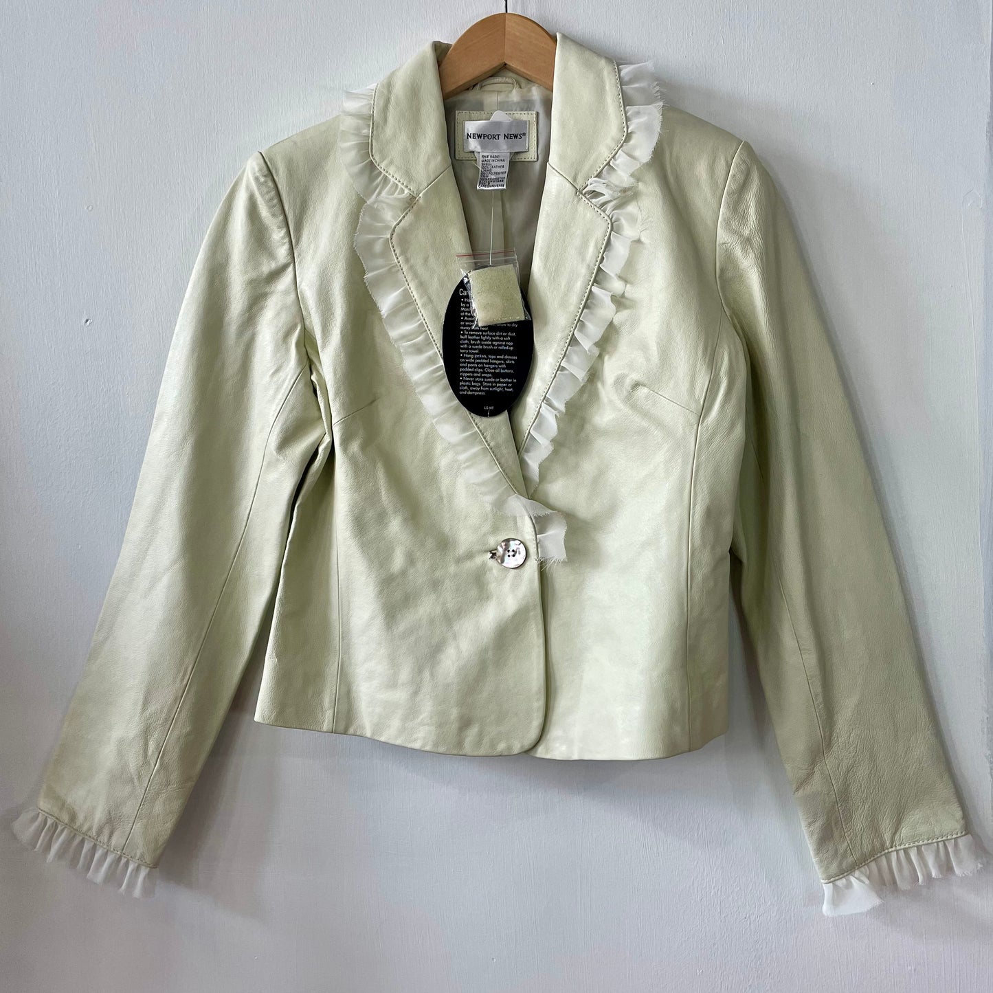 Y2K Cream Leather Jacket with Ruffle Trim