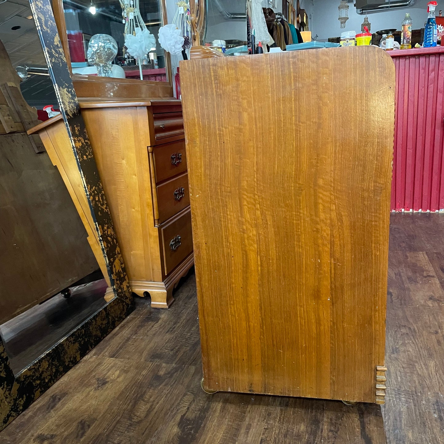 Antique Waterfall Dresser w/ Carved Mirror and Bakelite Handles 1930s