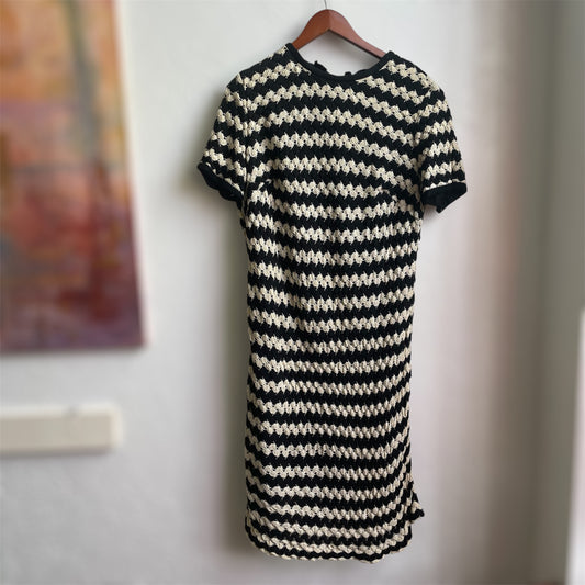 70’s Crocheted Striped Midi Short Sleeve Dress| Large
