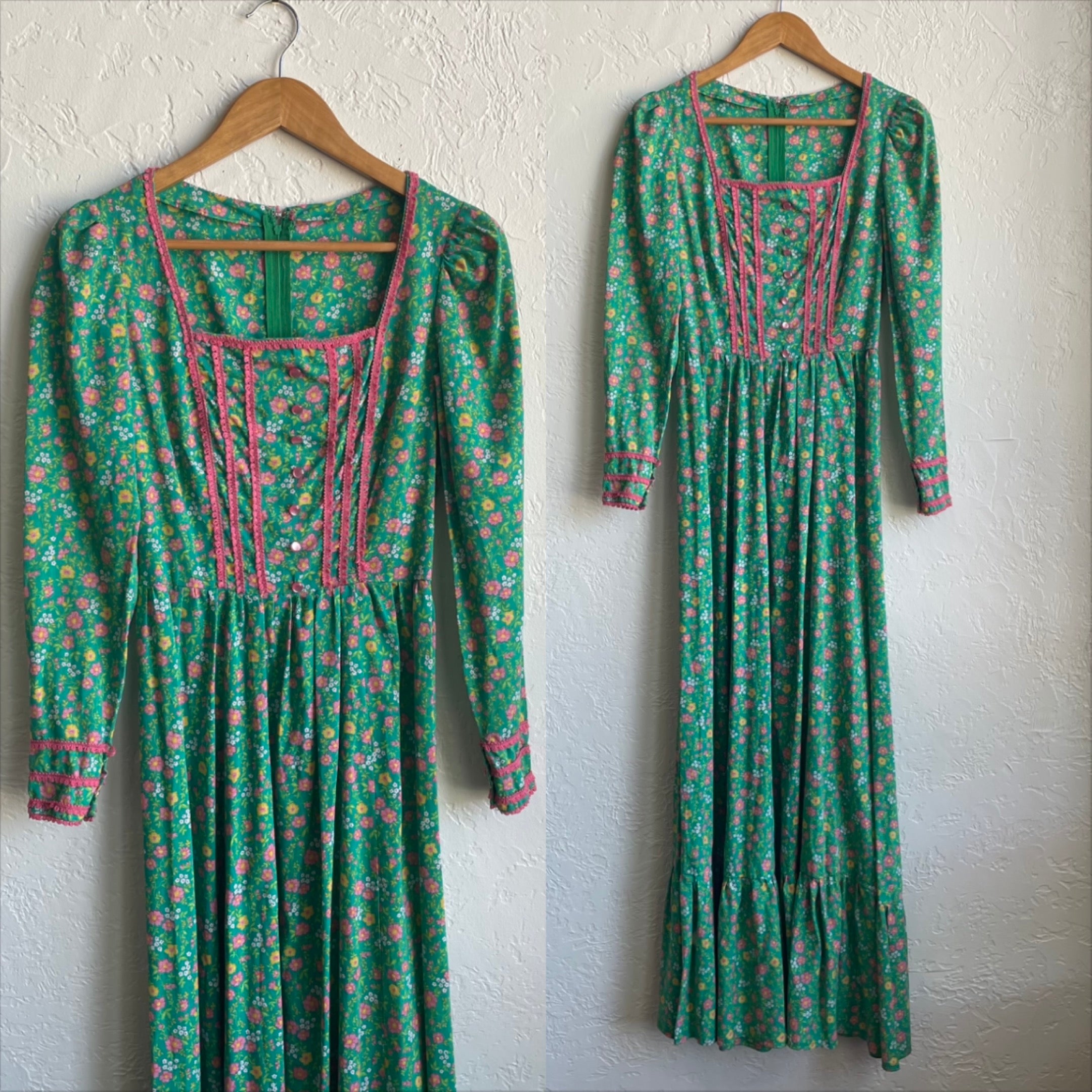70’s Green Floral Prairie Maxi Dress | XSMALL