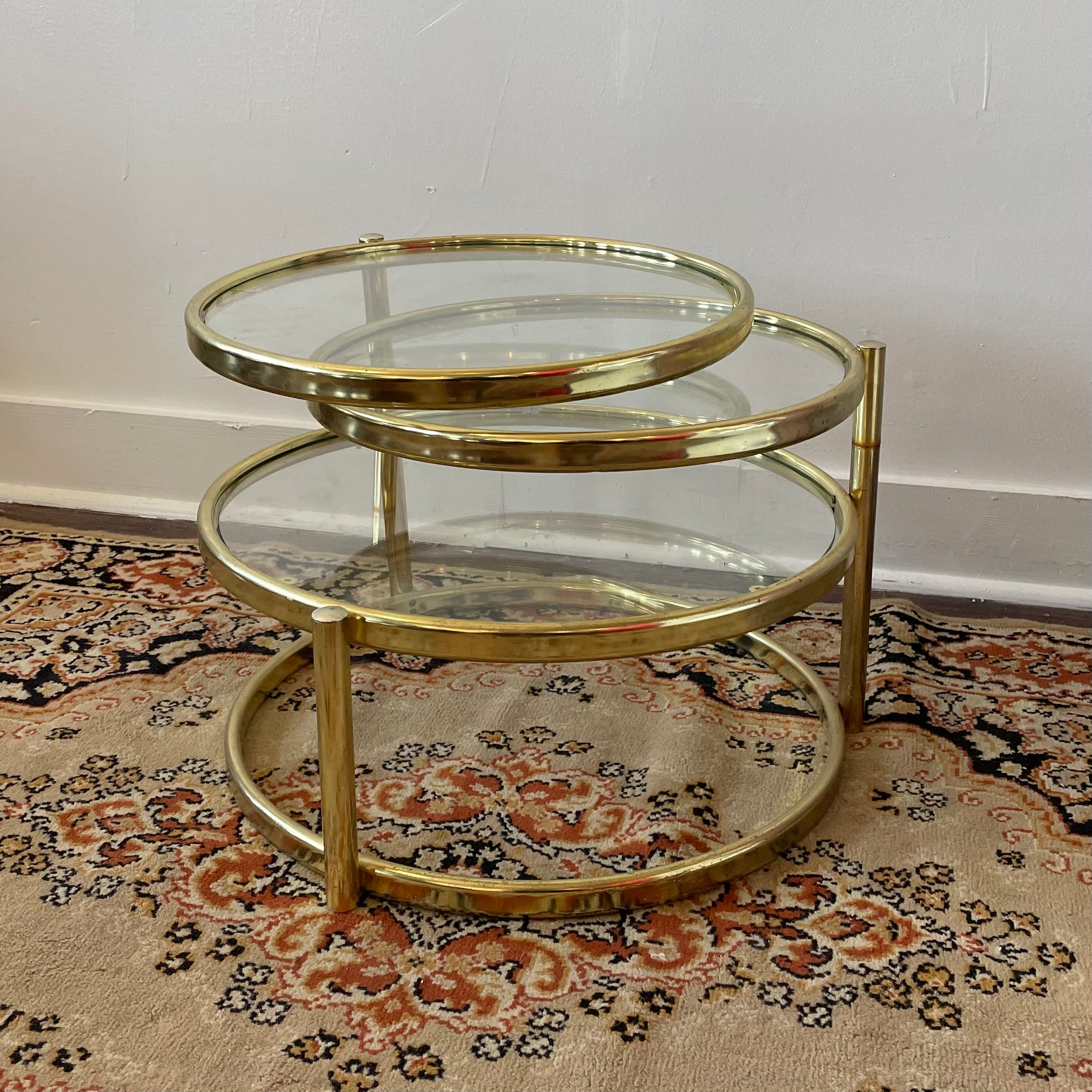 3 Tier Brass Plated Swivel Coffee Table 1980s