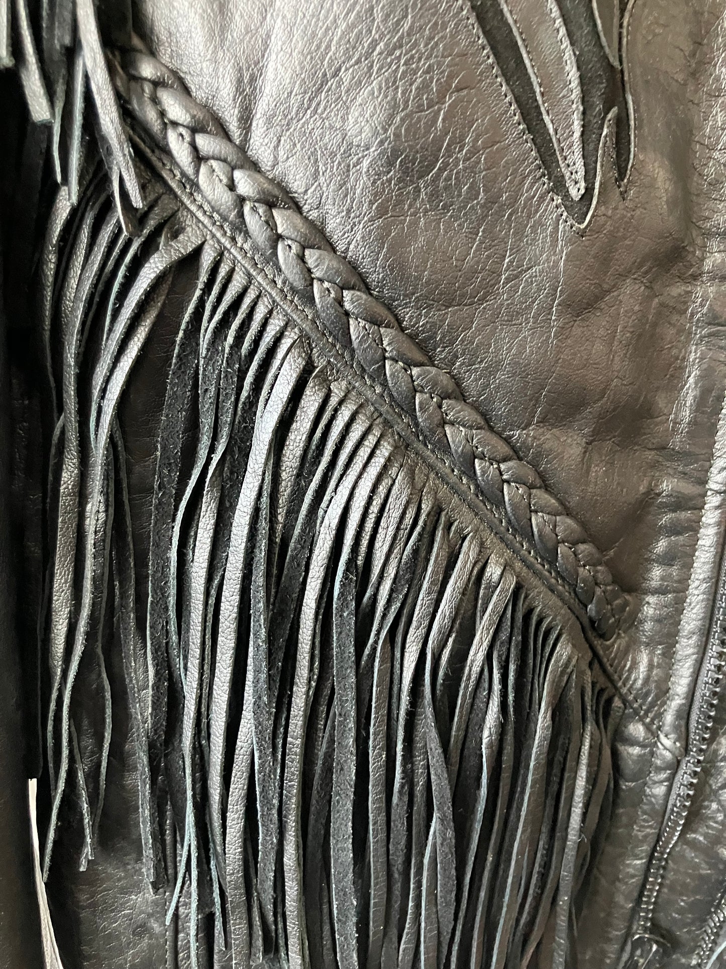 Vintage 80’s Fringe Leather Black Jacket Small