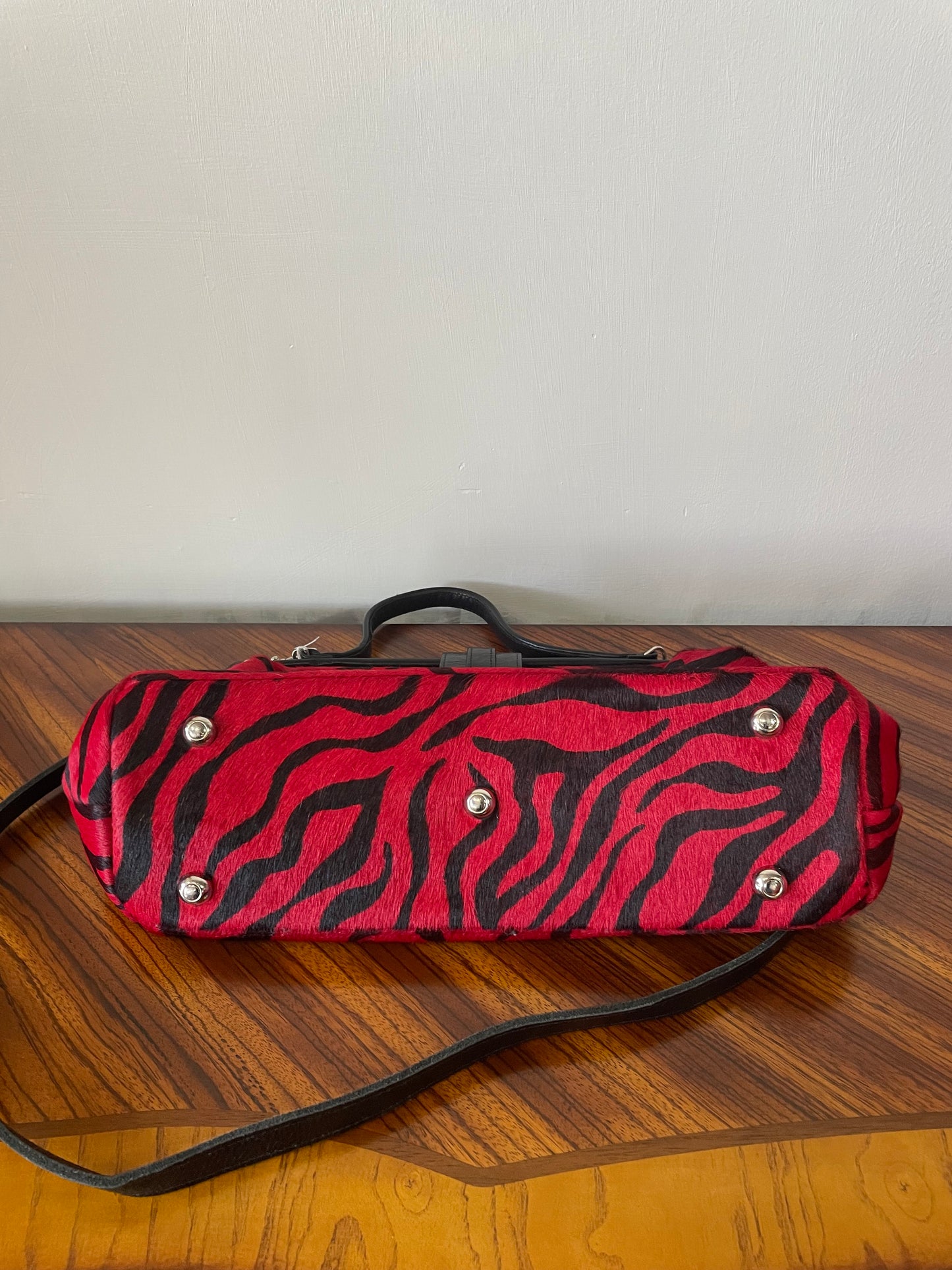 Red and Black Faux Fur Zebra Bag