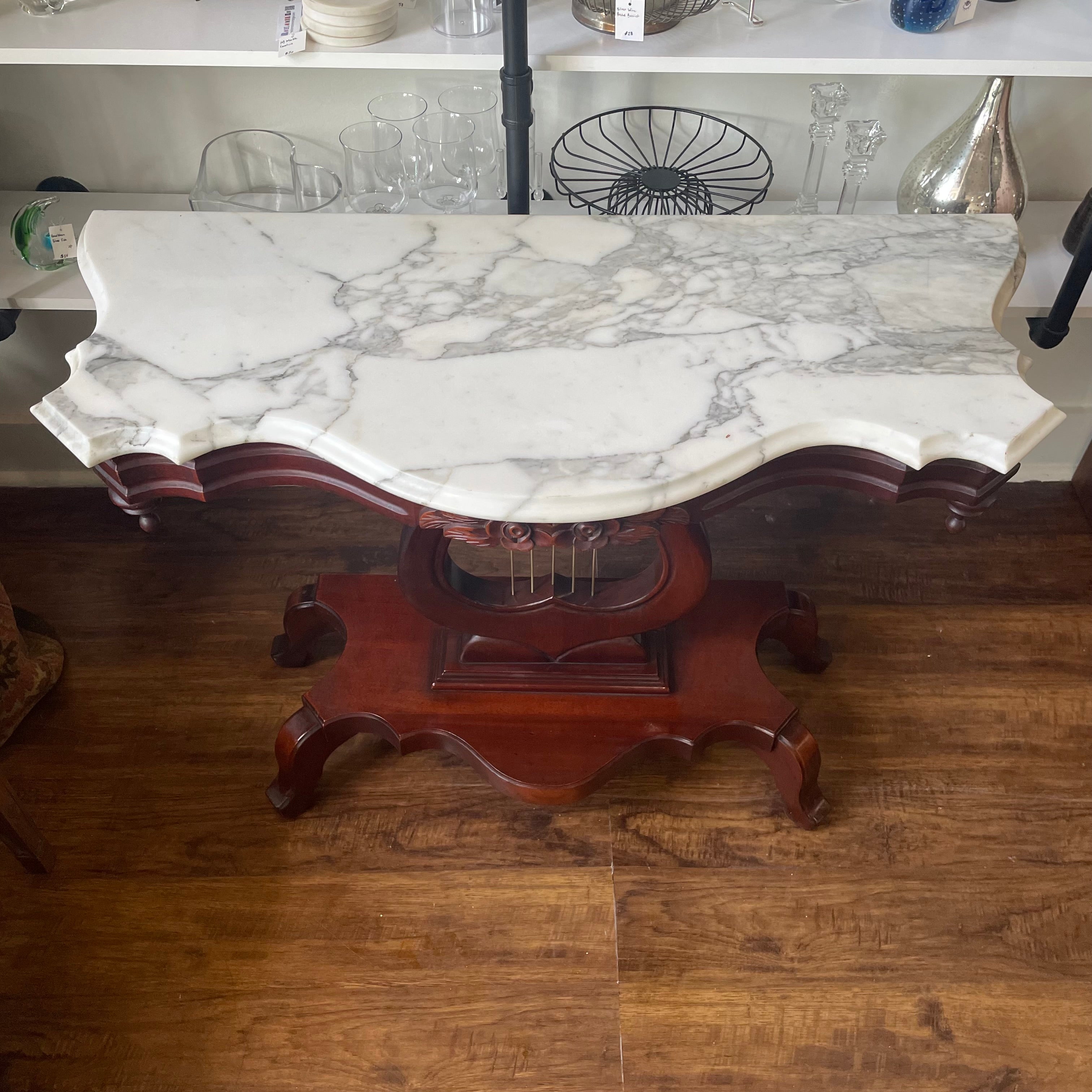 Victorian Mahogany Carved Lyre Harp Base Entryway Console Table