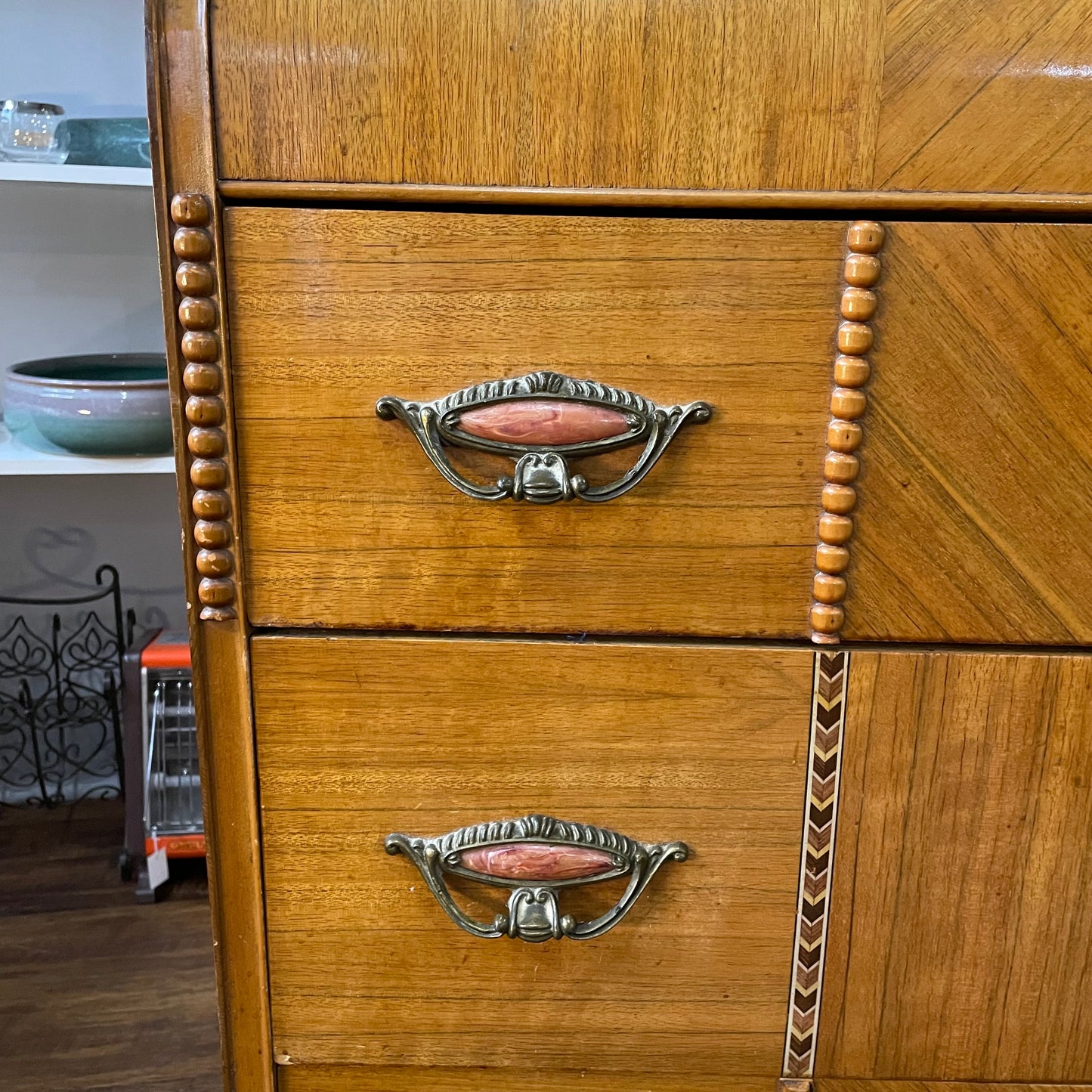 Antique Waterfall Dresser w/ Carved Mirror and Bakelite Handles 1930s