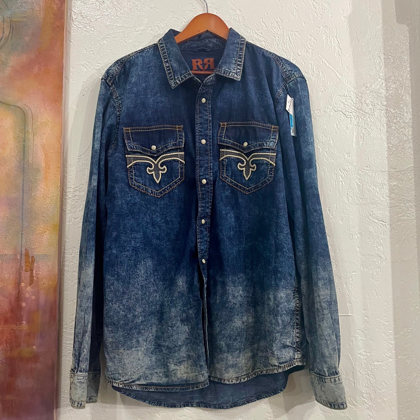 Rock Revival Denim Acid Wash Button Down Shirt | XXL