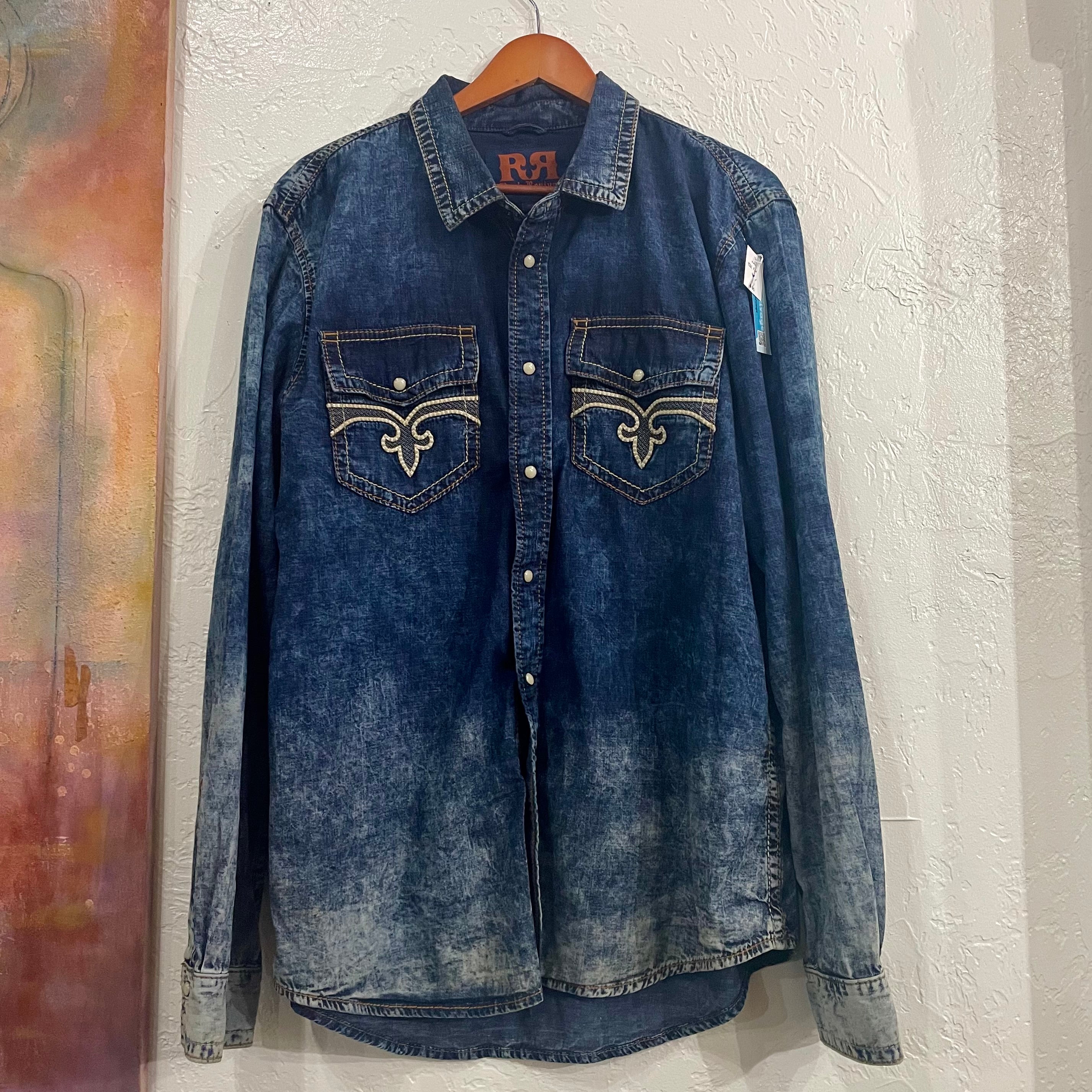 Rock Revival Denim Acid Wash Button Down Shirt | XXL