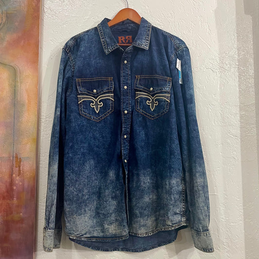 Rock Revival Denim Acid Wash Button Down Shirt | XXL