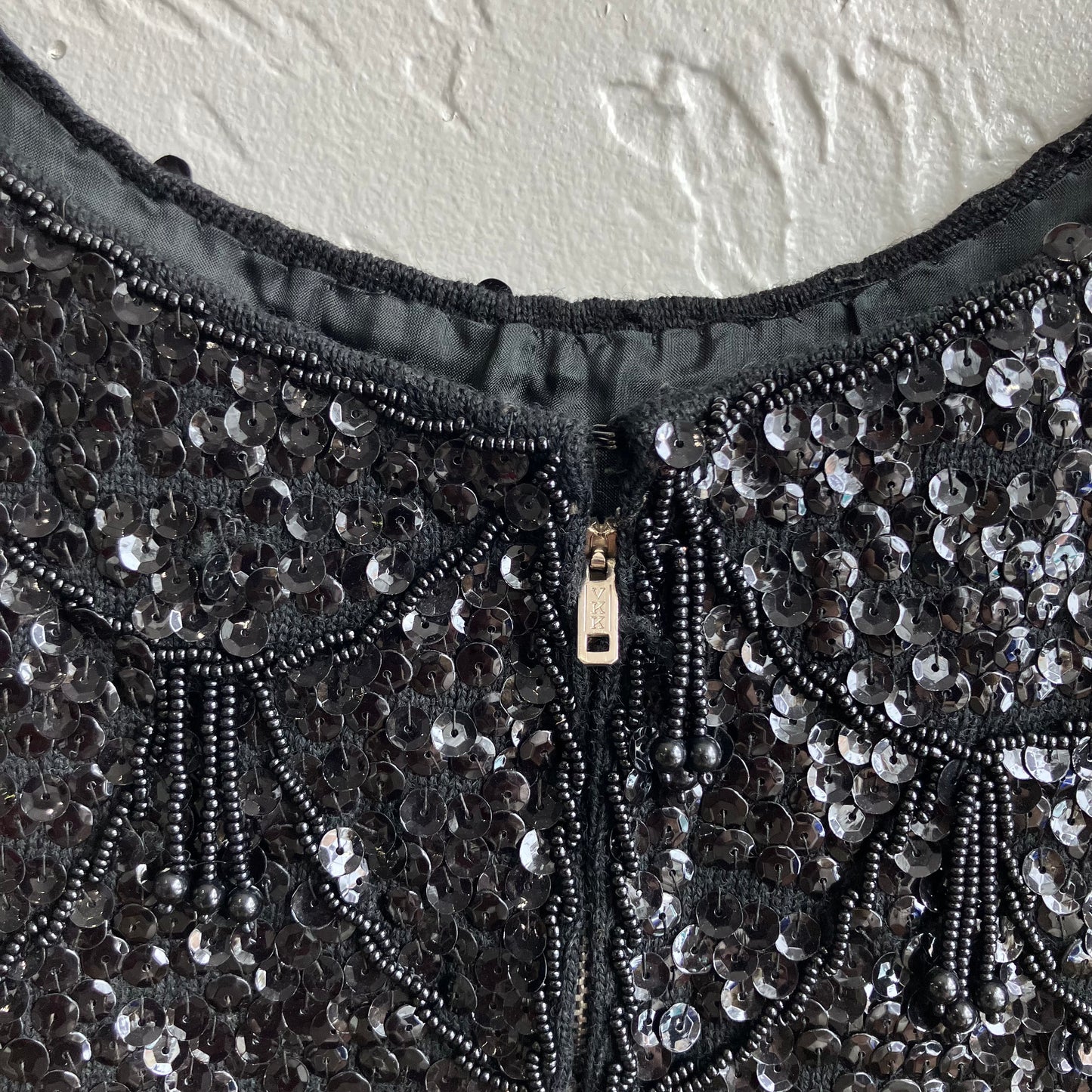 Black Beaded Wool Sequined Fringe Top | Large