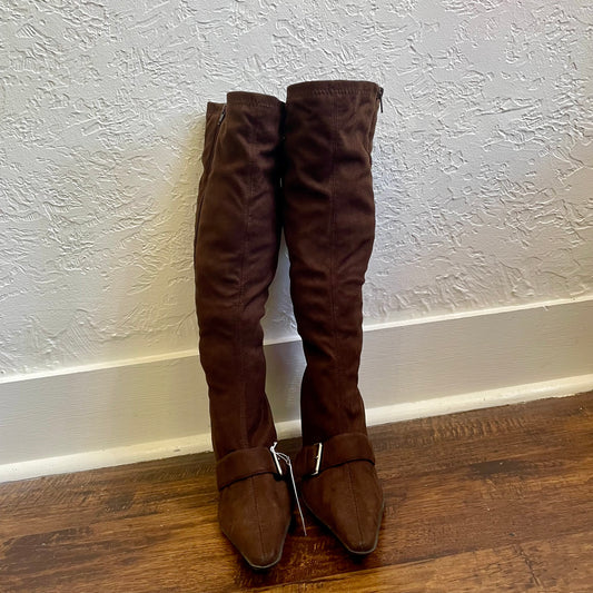 Y2K Calf Dark Chocolate Cloth Buckled Booties | Size 10