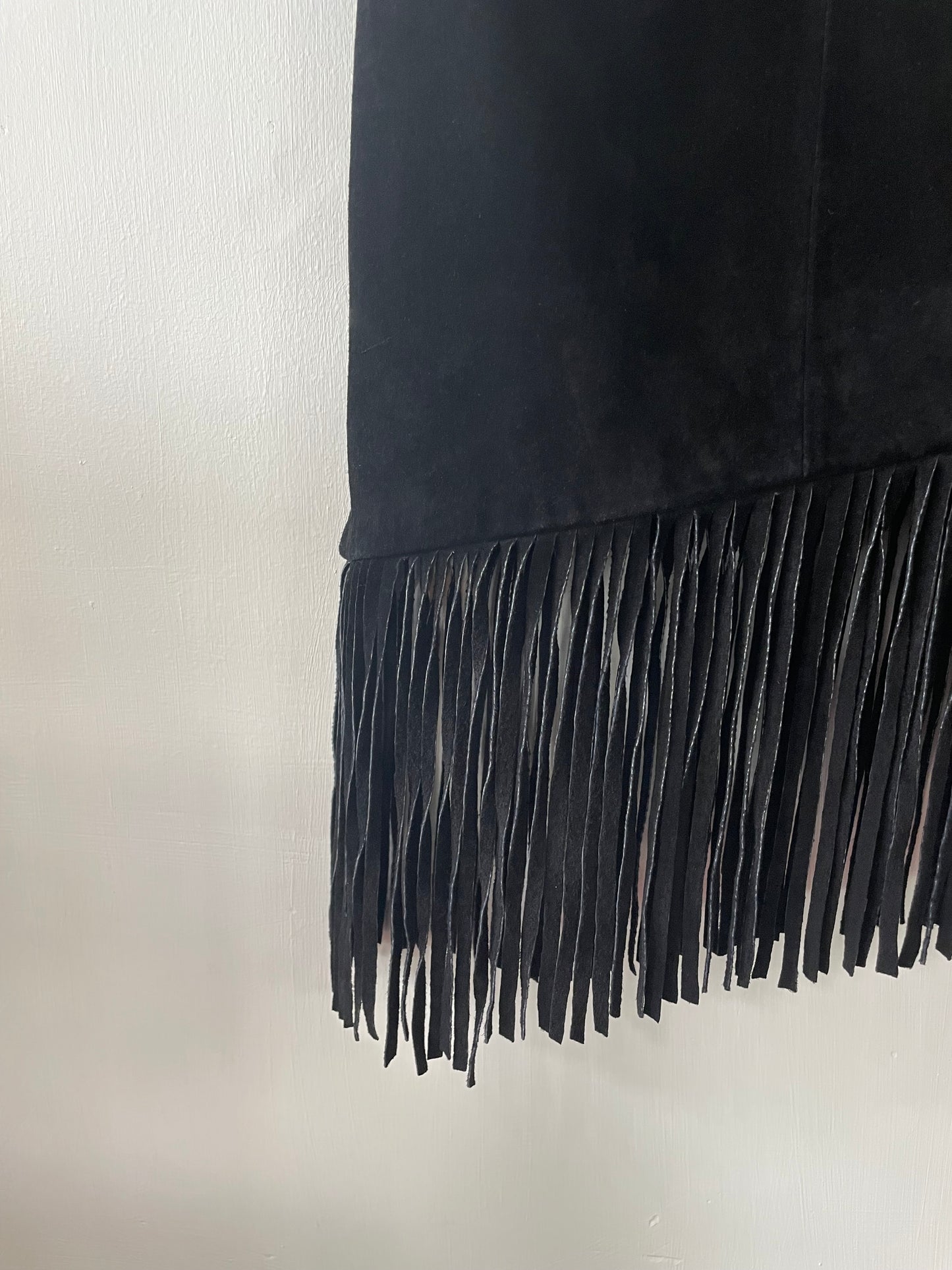 Y2K Black Suede Fringe Asymmetrical Midi Skirt