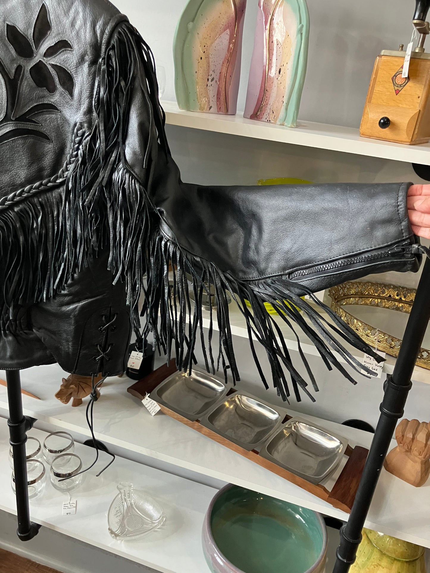 Vintage 80’s Fringe Leather Black Jacket Small