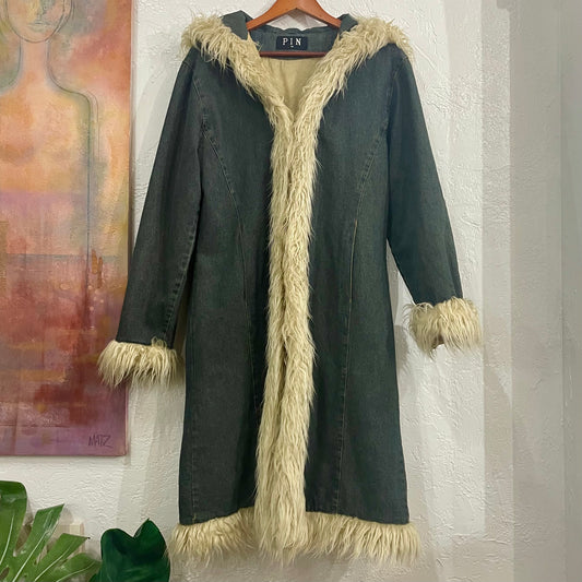 Y2K Denim Faux Afghan Fur Trim Coat | Large