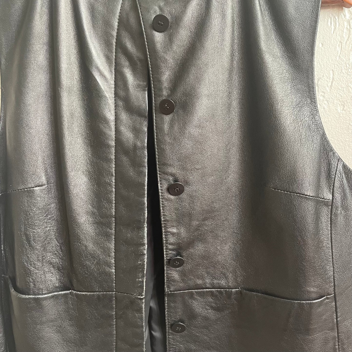 Black Leather Button Up Vest | Medium