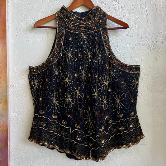 Adrianna Papell 100% Silk Beaded Halter Top | 2X