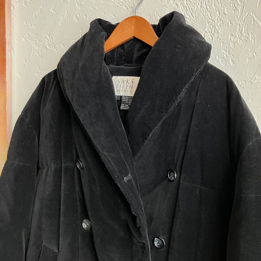 Saks 5th Avenue Velvet Down Double Breasted Puffer Long Coat | Medium