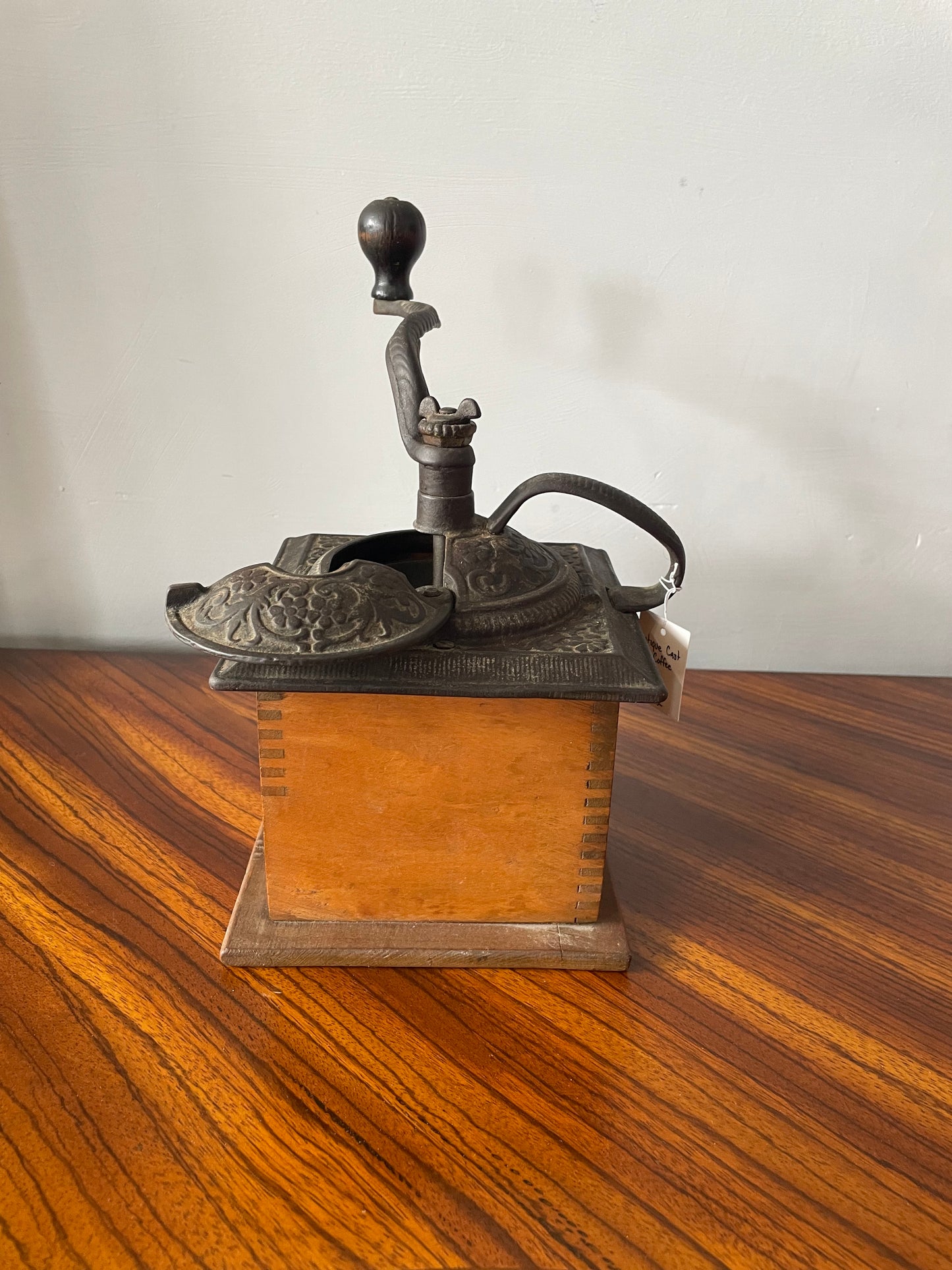 1920s Coffee Grinder Wood Cast Iron Crank Antique Kitchen Decor