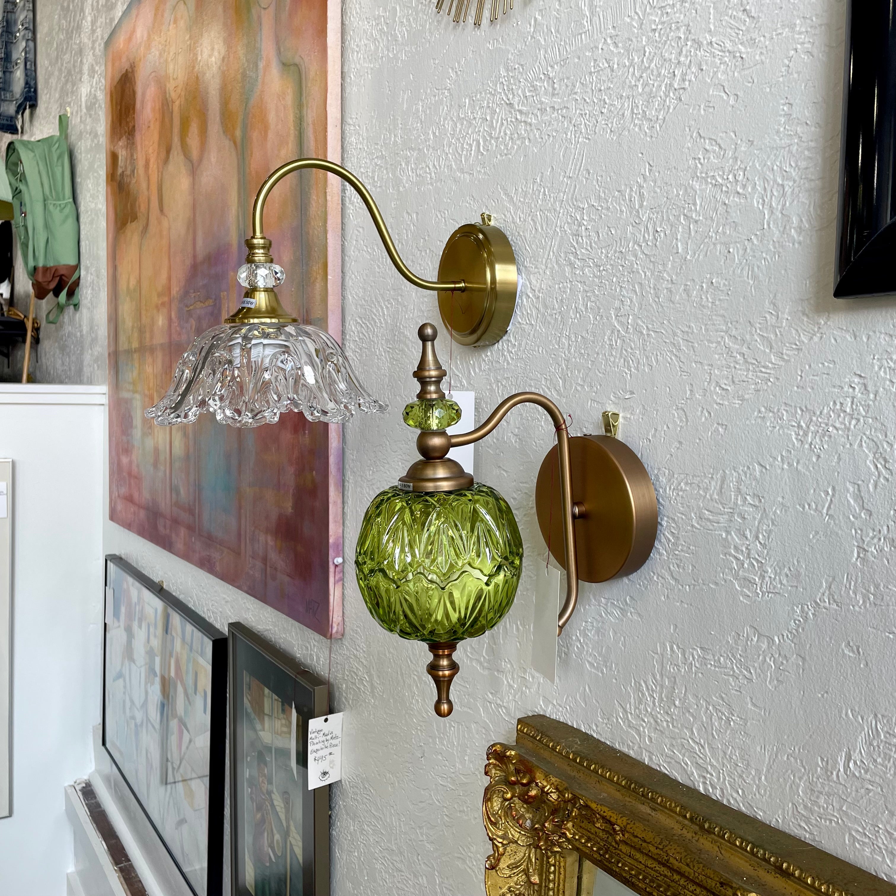 Green Glass Wall Sconce with Brushed Antique Brass