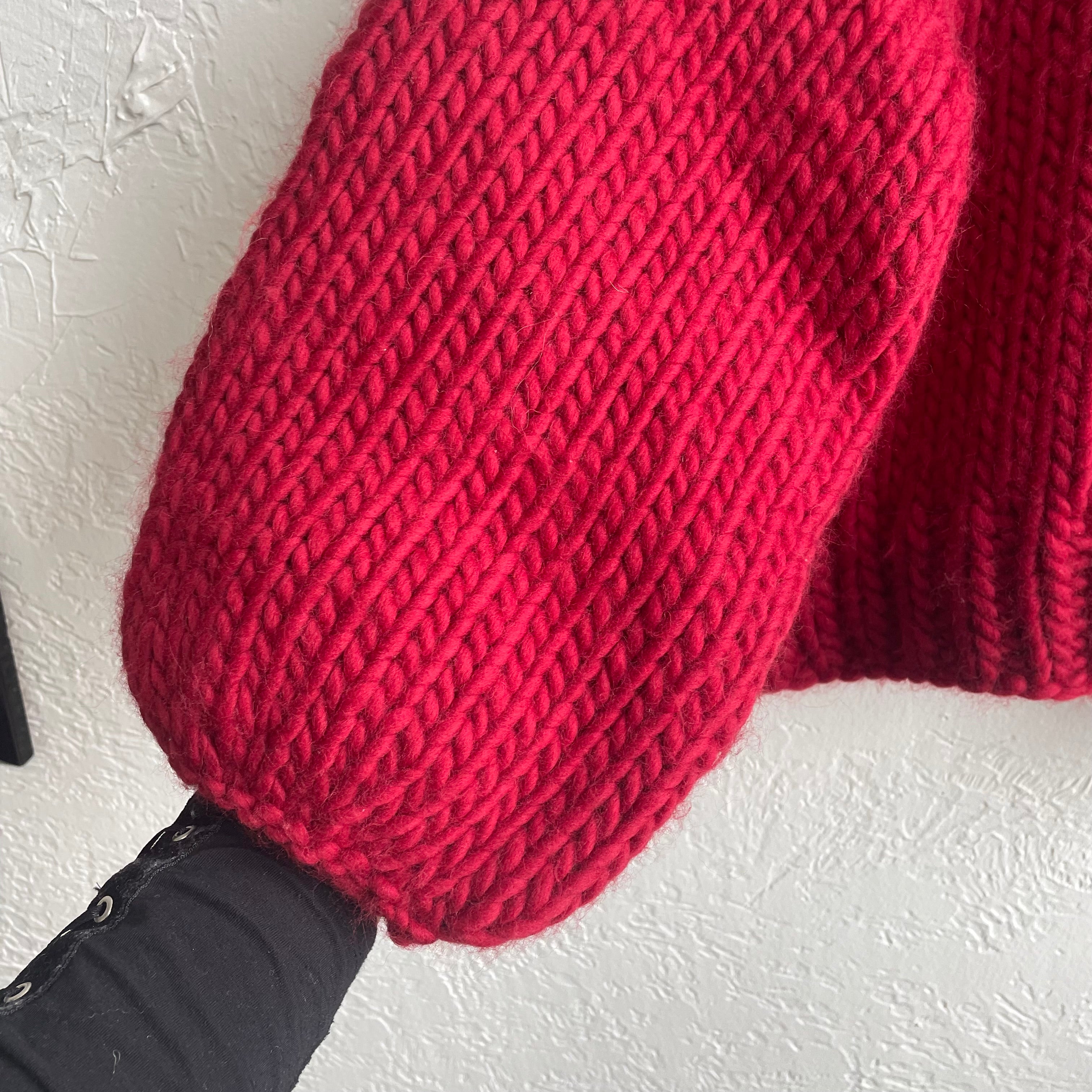 Chunky Hand Knit Red Cropped Sweater | One Size