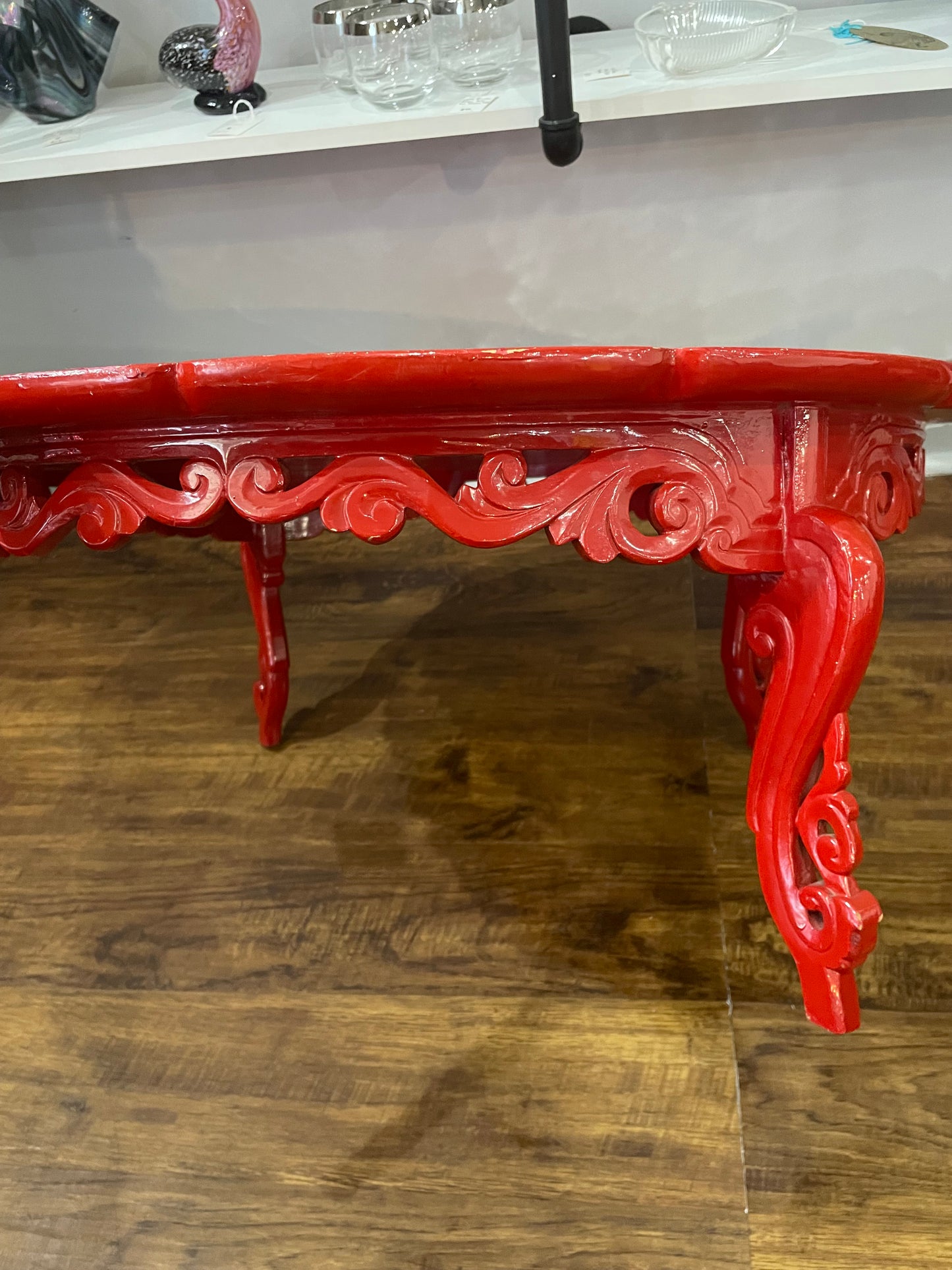 Vintage Red Lacquered Mother of Pearl Inlay Tea Table