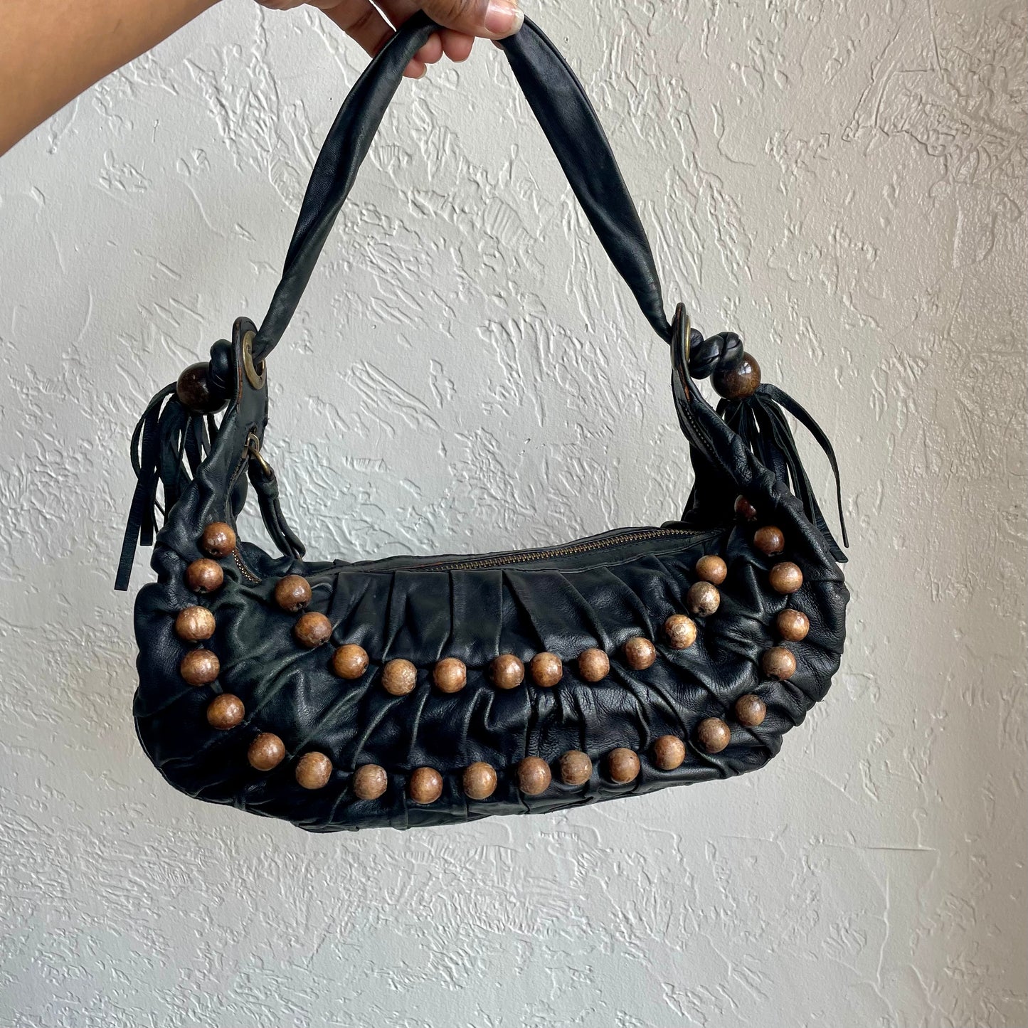 Y2K Leather Beaded Shoulder Bag BCBG